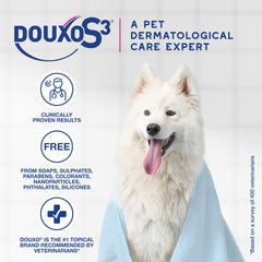 Douxo S3 Calm Mousse on dog coat providing detangling support.