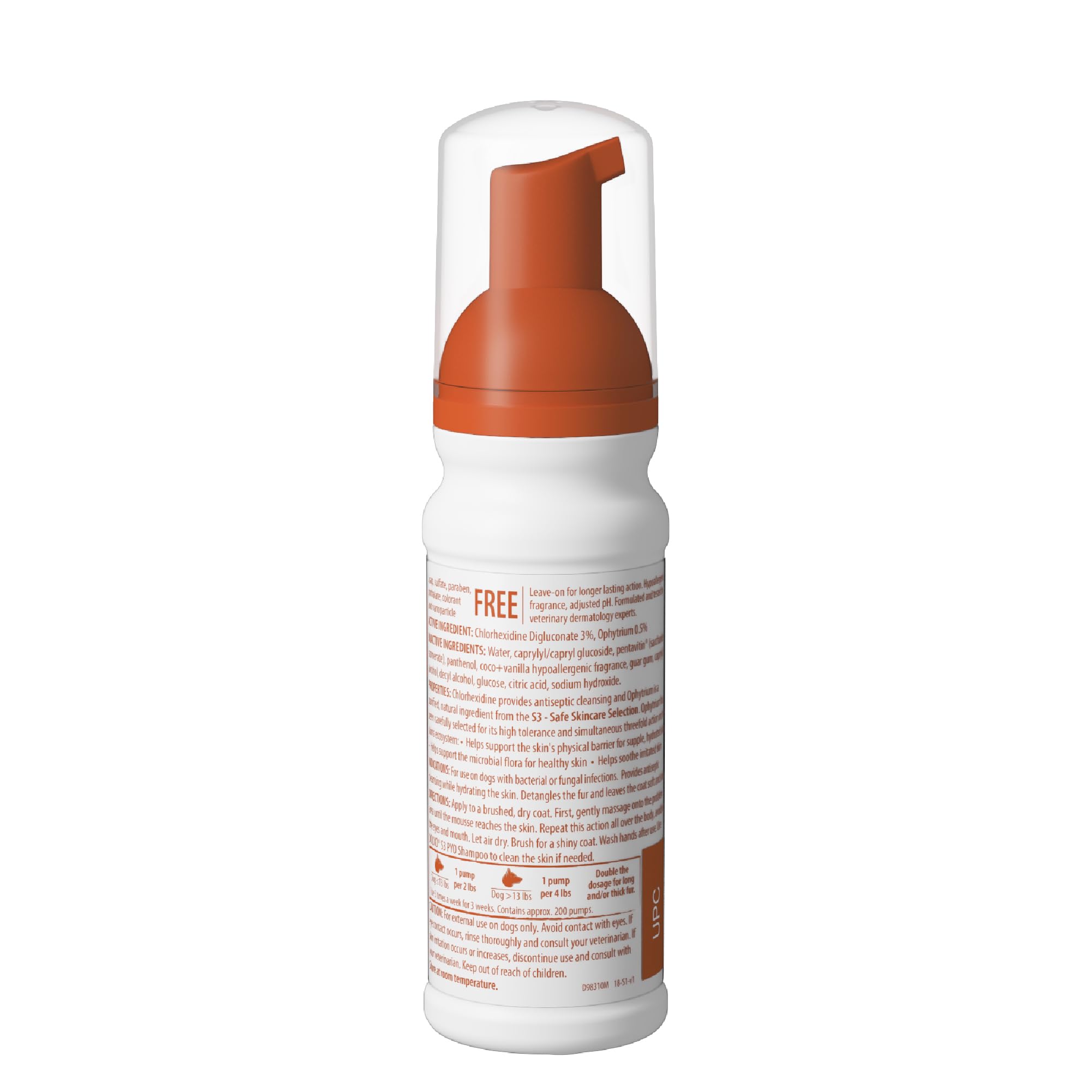 Back label with usage directions and safety notes for dog care.