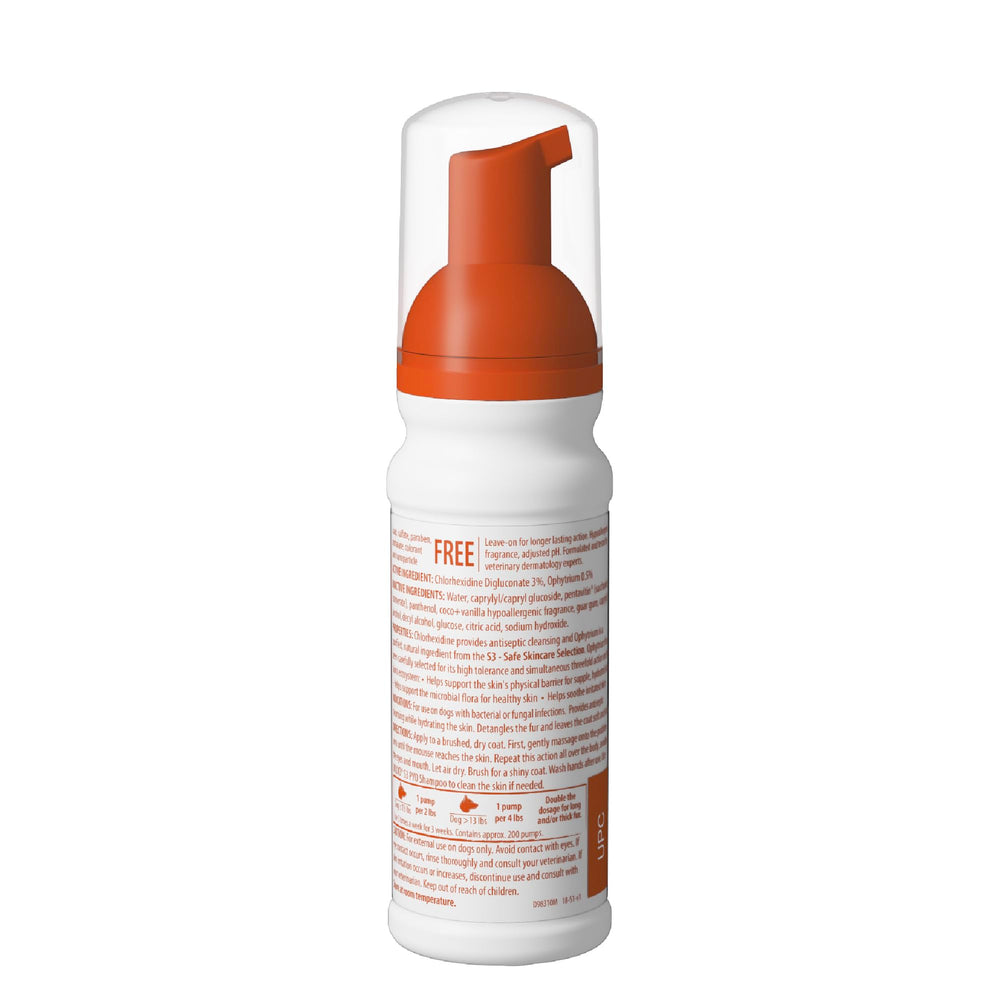 Back label with usage directions and safety notes for dog care.