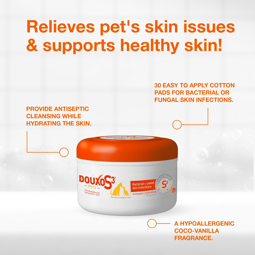 Douxo S3 Pyo Pads textured wipe demonstrates cleansing action.