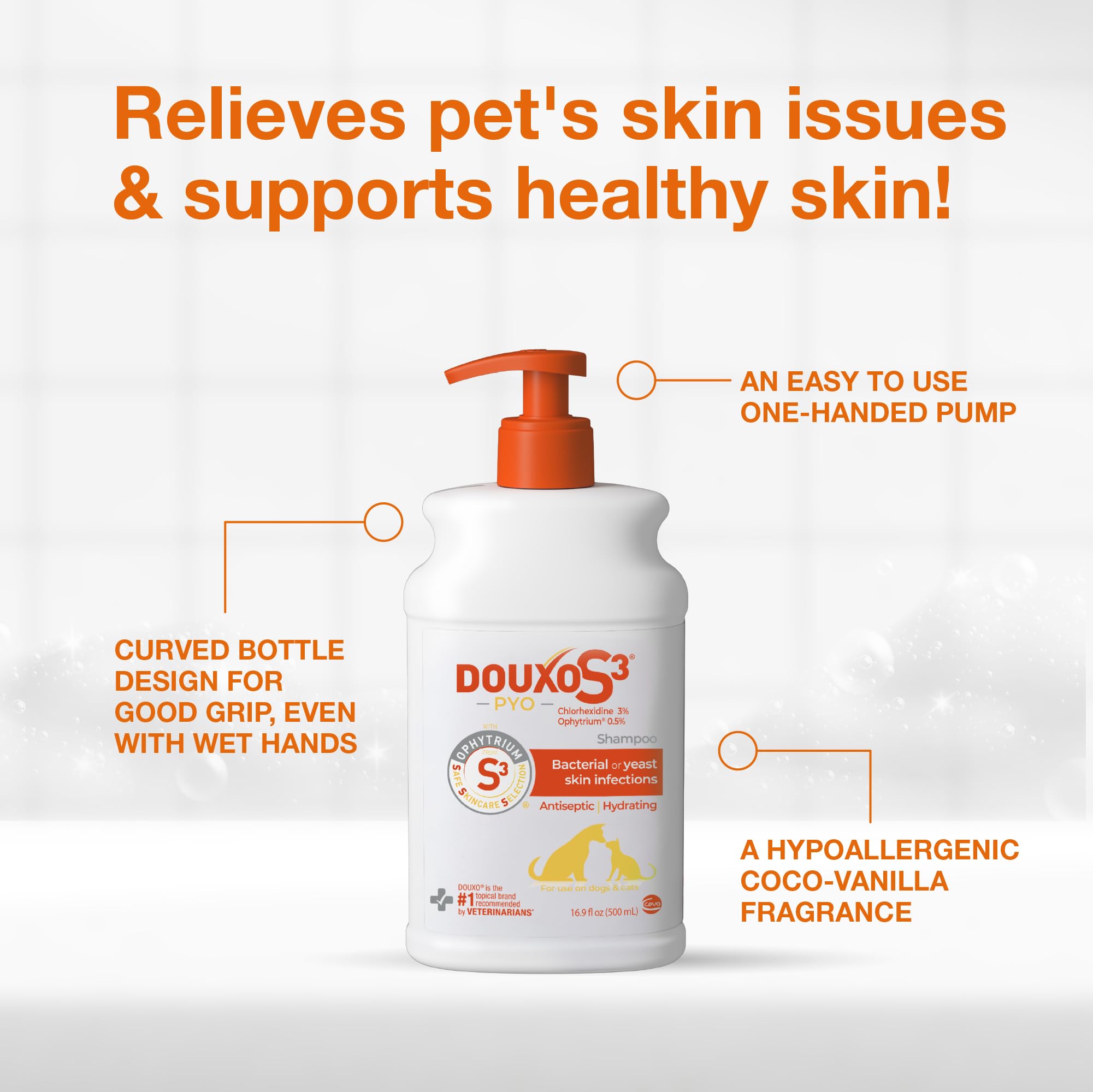 Douxo S3 Pyo Shampoo bottle-cap close-up emphasizes secure seal.