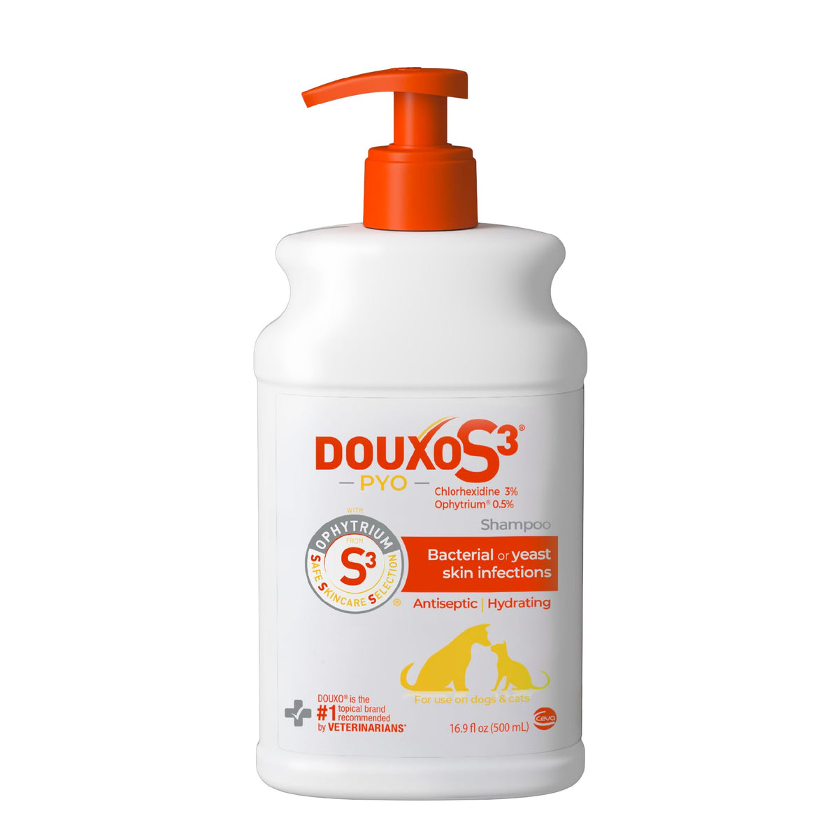 Douxo S3 Pyo Shampoo bottle shown for gentle antiseptic cleansing of pet skin.