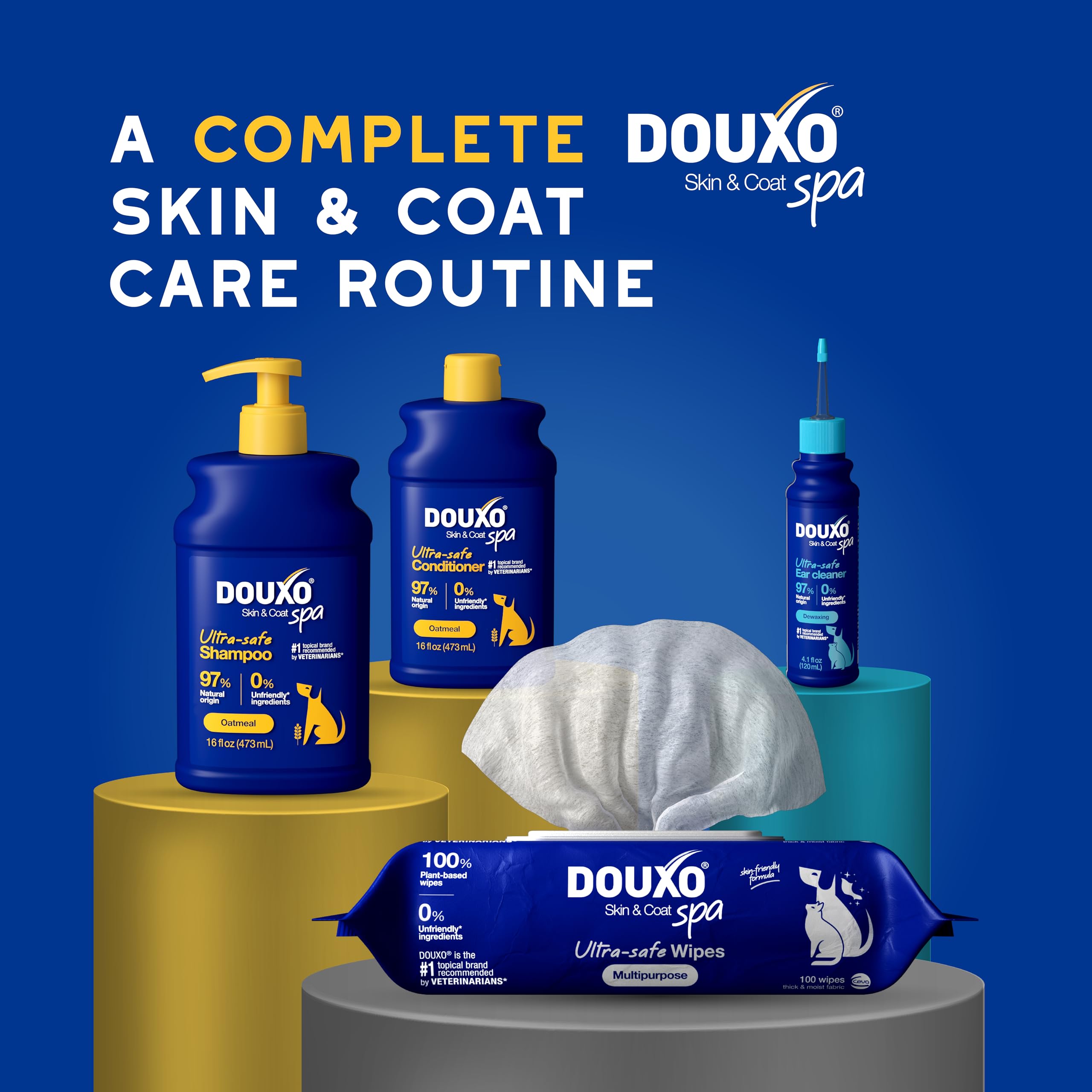 Veterinarian-approved Douxo shampoo promoting gentle pet care.