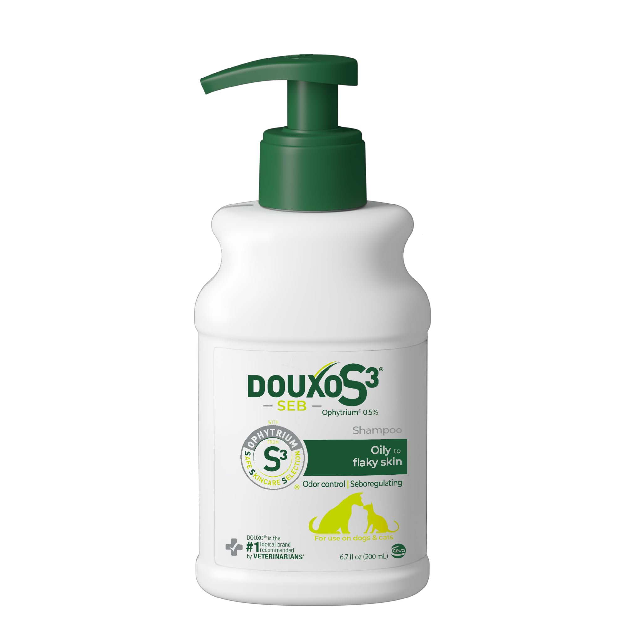 DOUXO S3 SEB shampoo bottle with pump for oily to flaky skin on pets.