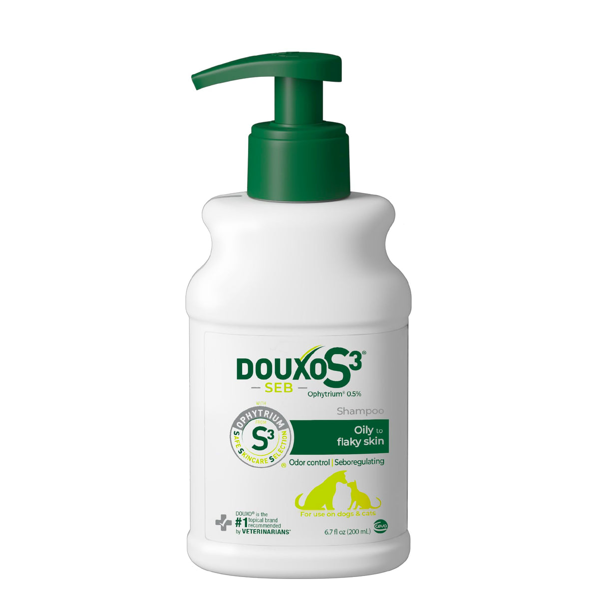 DOUXO S3 SEB shampoo bottle with pump for oily to flaky skin on pets.