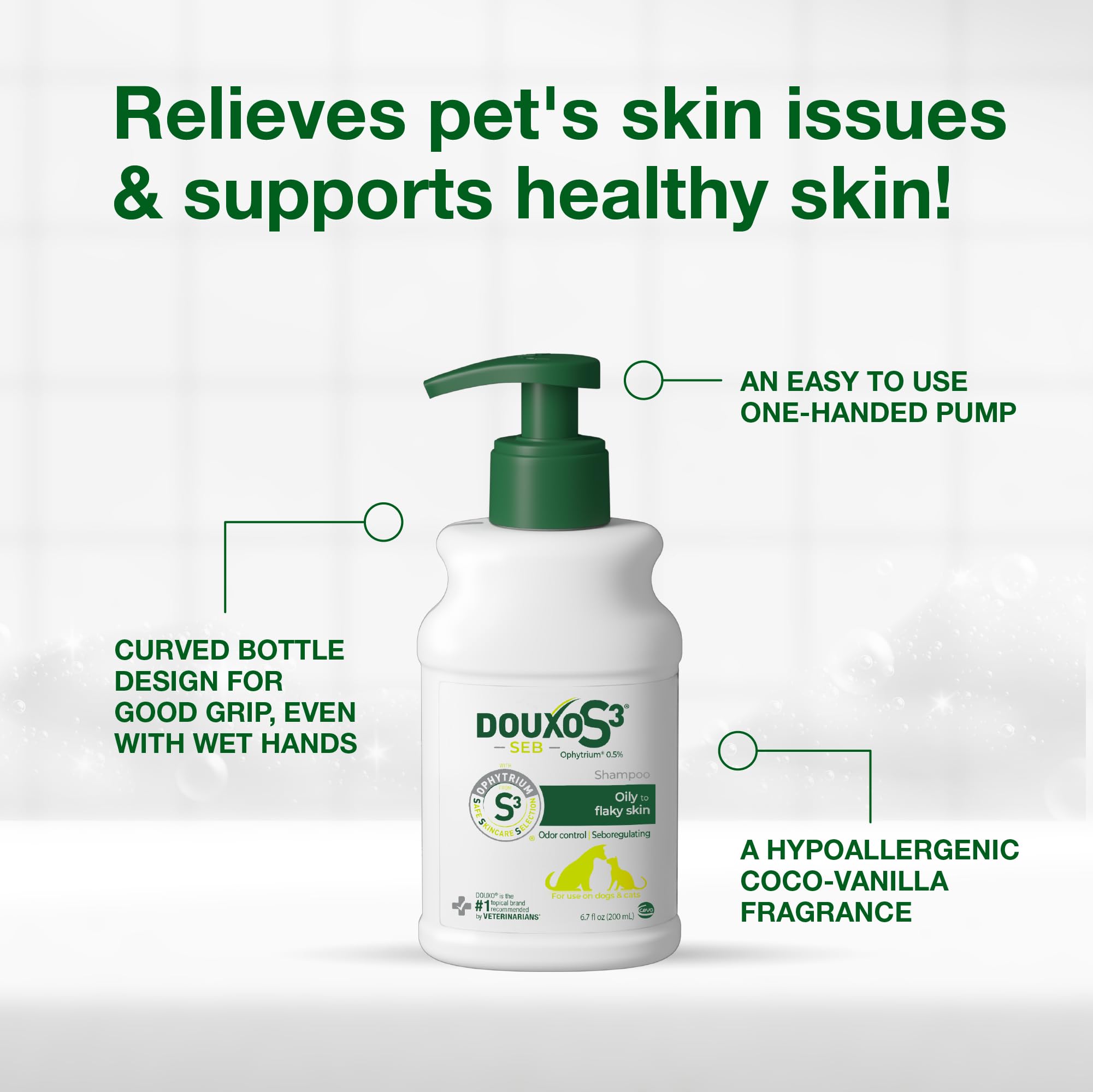 DOUXO S3 SEB shampoo provides odor control during bath time.