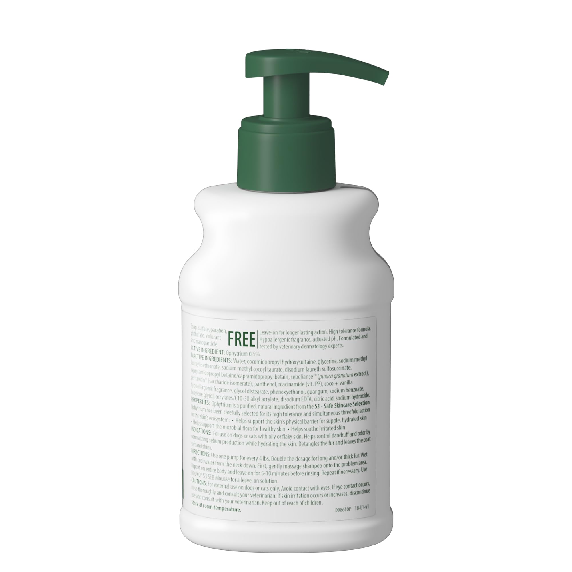 DOUXO S3 SEB shampoo features 0.5% Ophytrium for gentle cleansing.