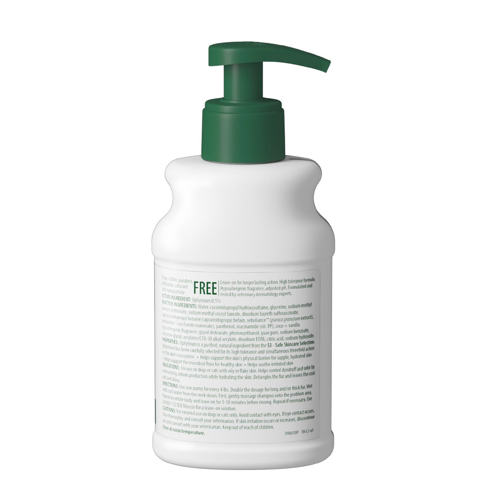 DOUXO S3 SEB shampoo features 0.5% Ophytrium for gentle cleansing.