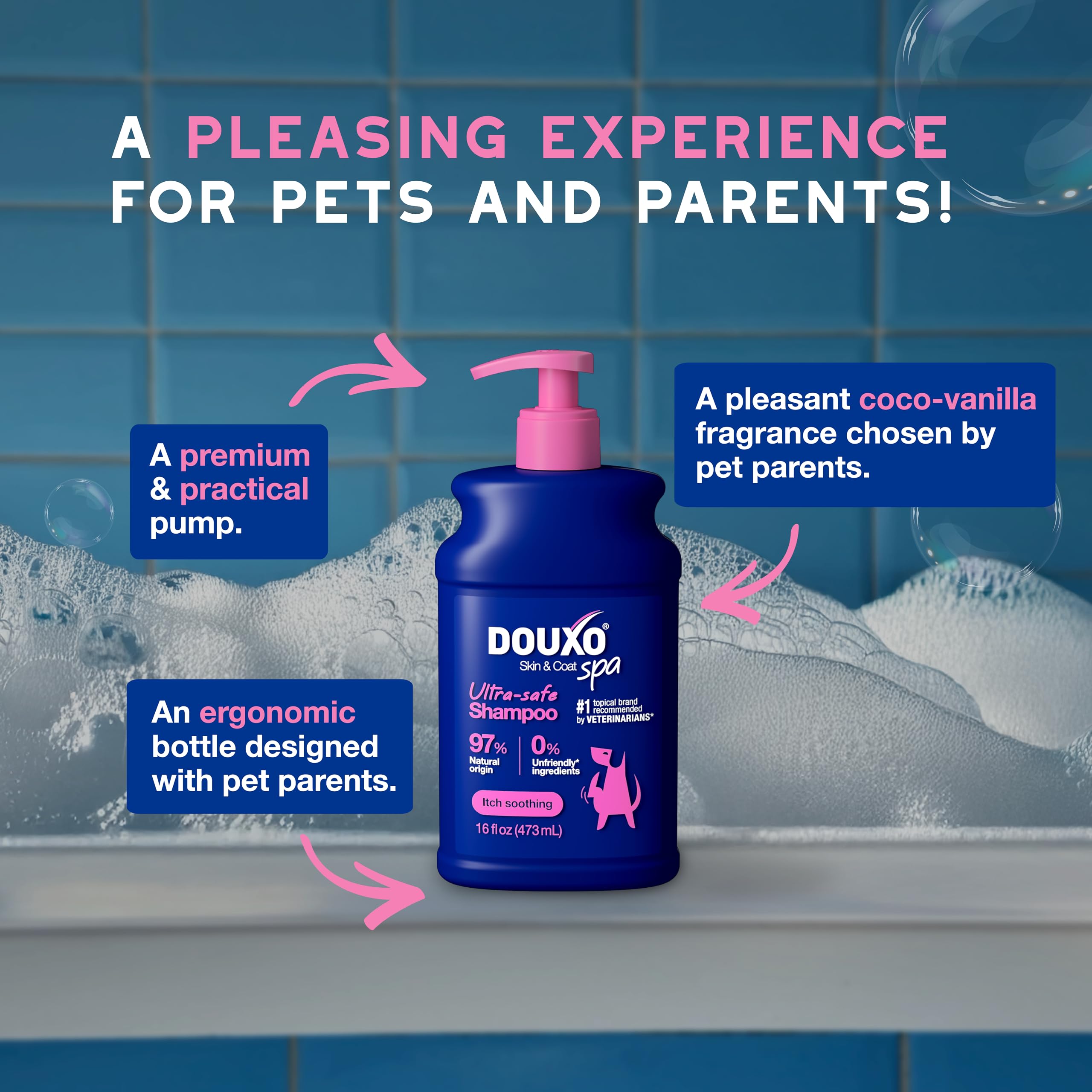 DOUXO Skin & Coat SPA in a cozy bath setup with a calm dog.