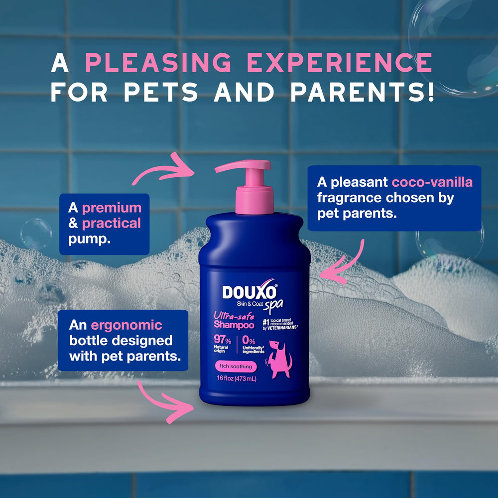 DOUXO Skin & Coat SPA in a cozy bath setup with a calm dog.