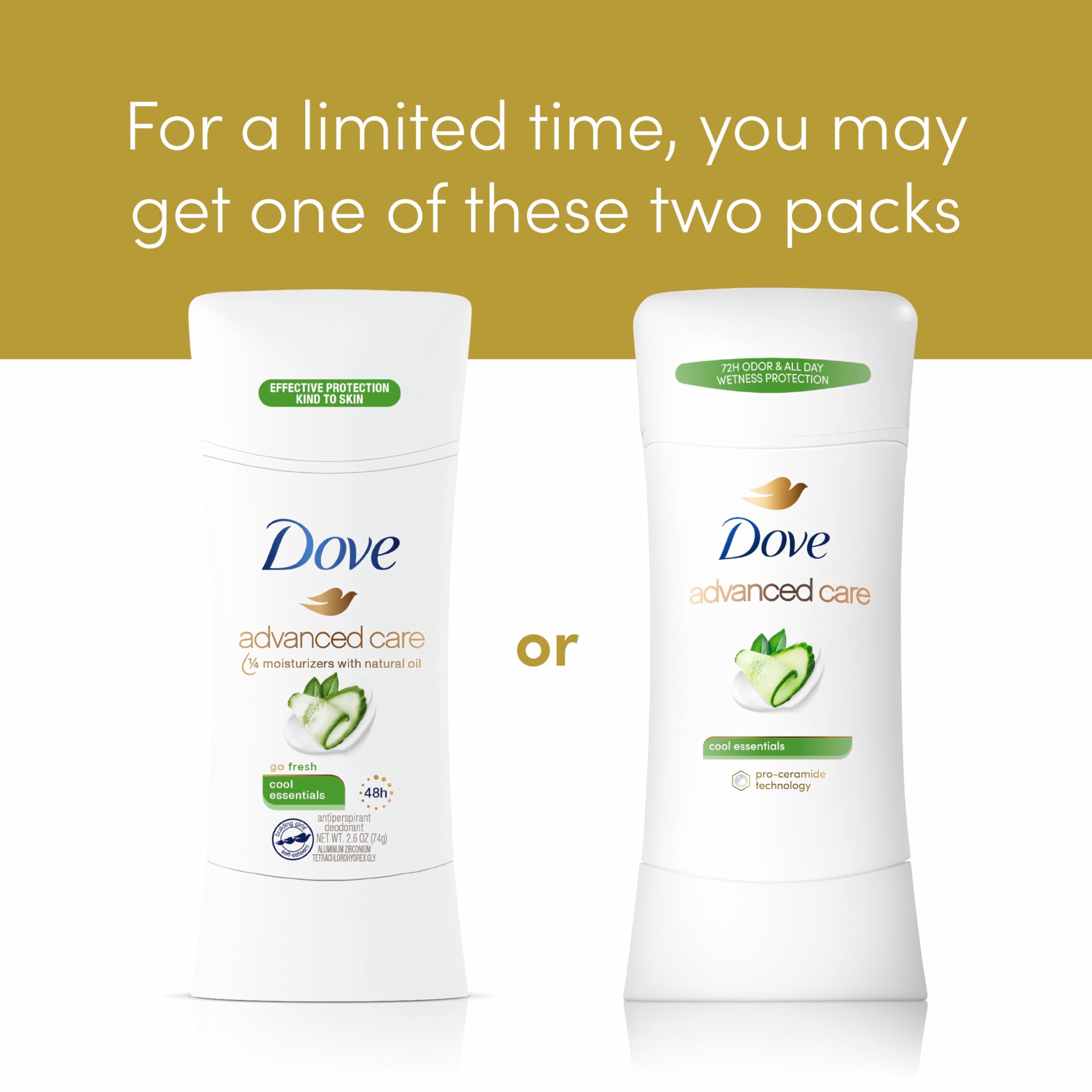 Illustration of 72-hour odor protection claim for Dove Advanced Care Cool Essentials.