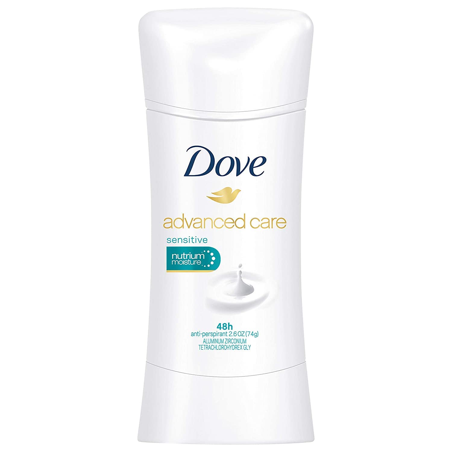 Dove Advanced Care Sensitive unscented antiperspirant bottle, up to 48 hours protection for sensitive underarms