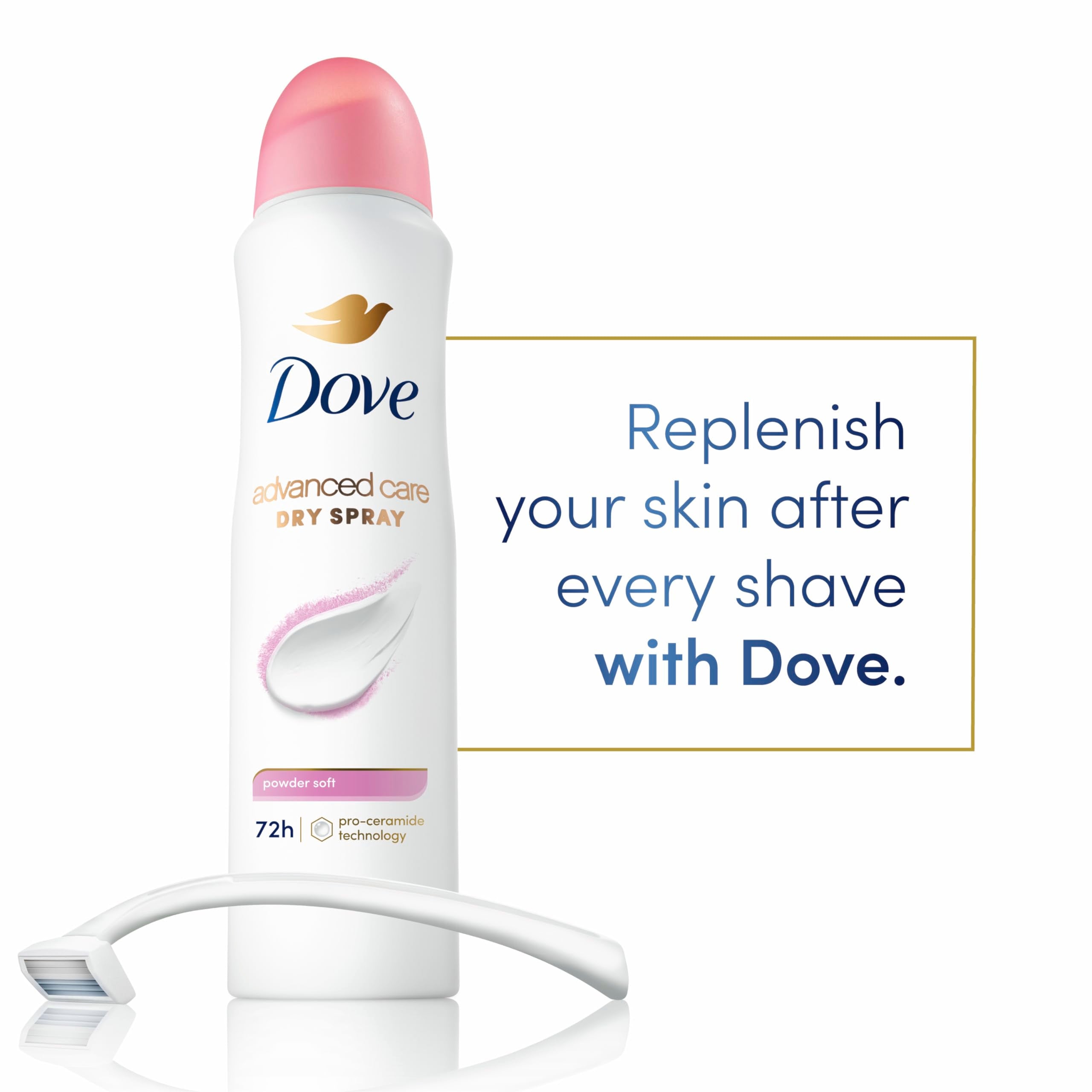Dove Advanced Care barrier repair closeup skin emphasizes shaving recovery focus.