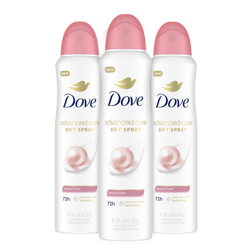 Dove Advanced Care Beauty Finish spray bottle close-up for silky underarms.