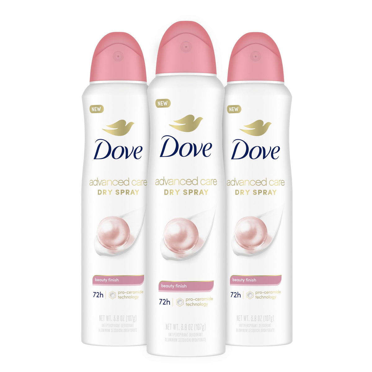 Dove Advanced Care Beauty Finish spray bottle close-up for silky underarms.