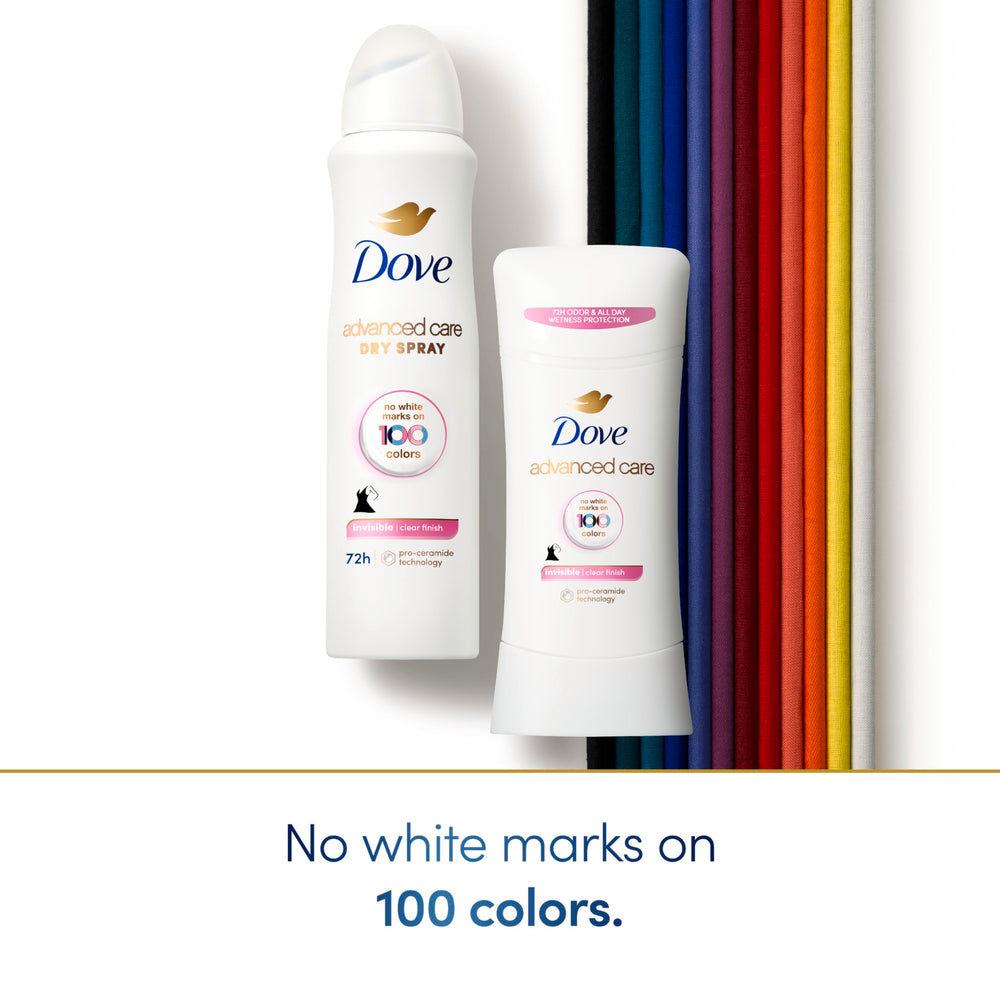 Dove Advanced Care Clear Finish Stick with quick-dry formula leaving no residue.
