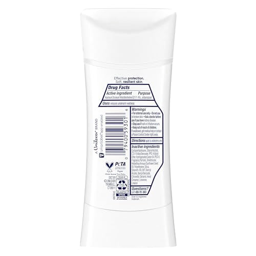 Dove Advanced Care Clear Finish Stick highlighting Pro-Ceramide technology for skin barrier support.