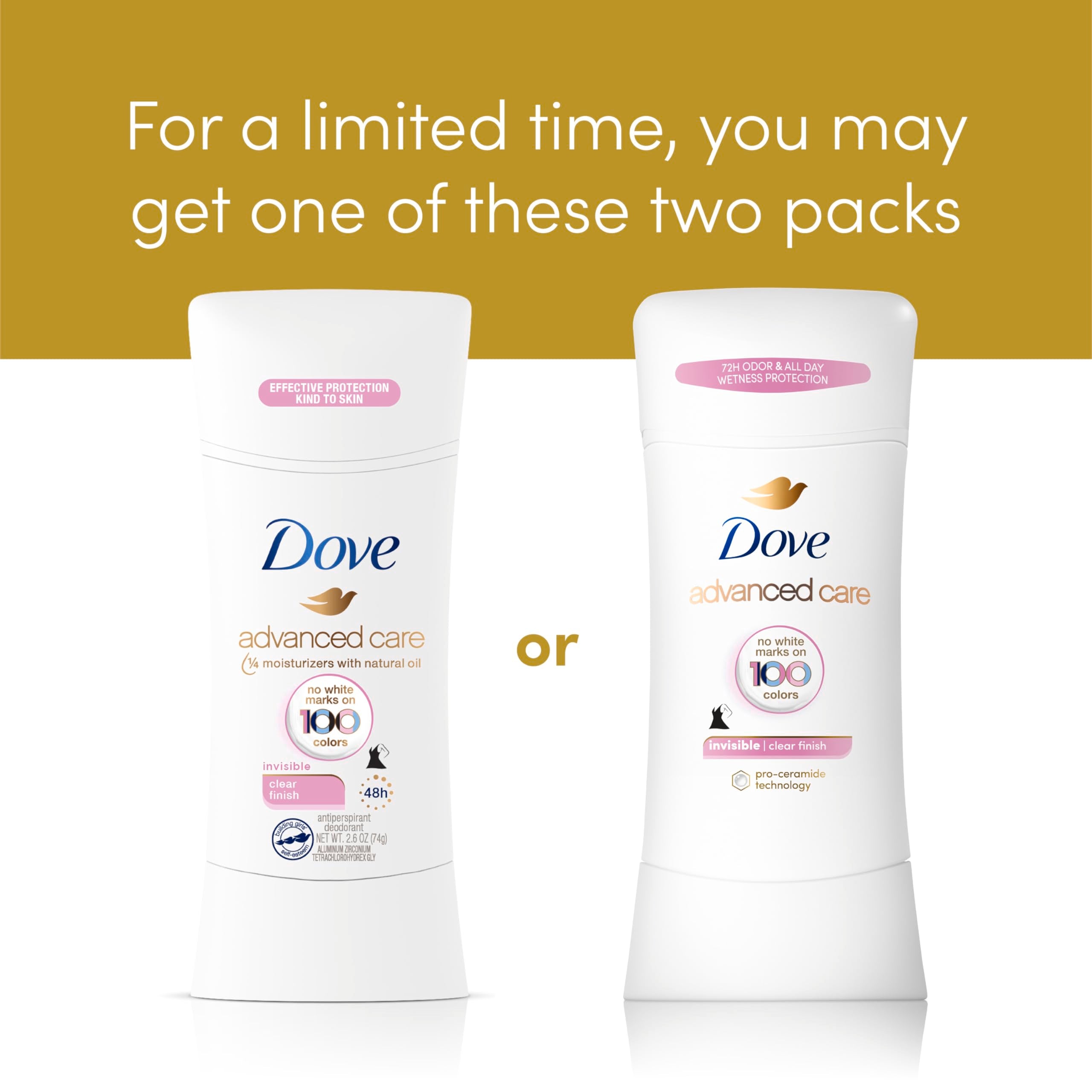 Dove Advanced Care Clear Finish Stick indicates skin barrier recovery after shaving.