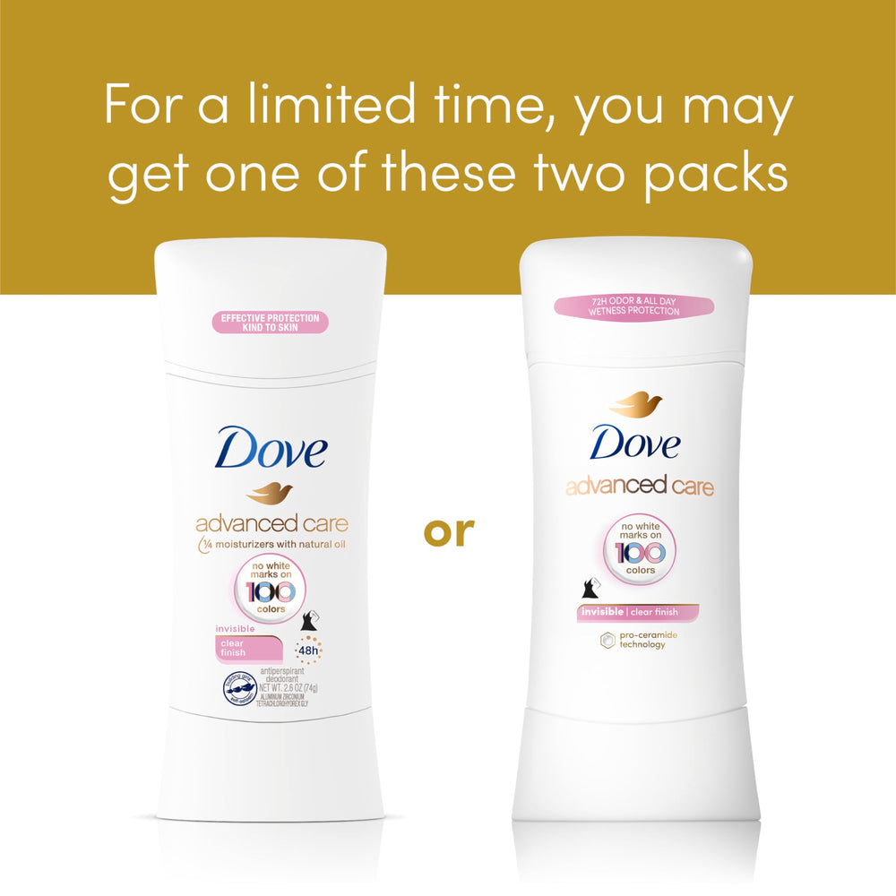 Dove Advanced Care Clear Finish Stick indicates skin barrier recovery after shaving.