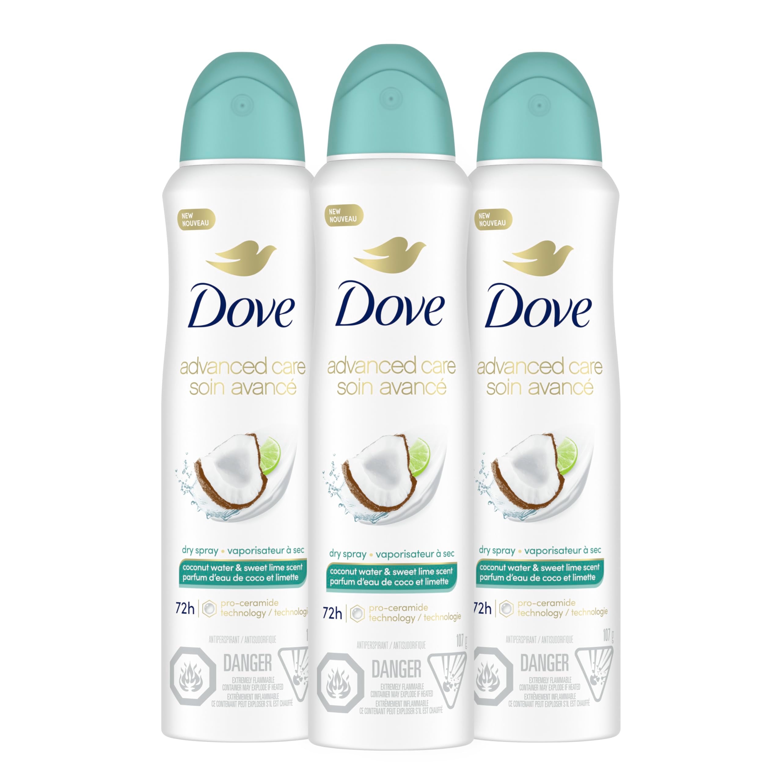 Dove Advanced Care Coconut Water & Lime dry spray bottle for soft underarms.