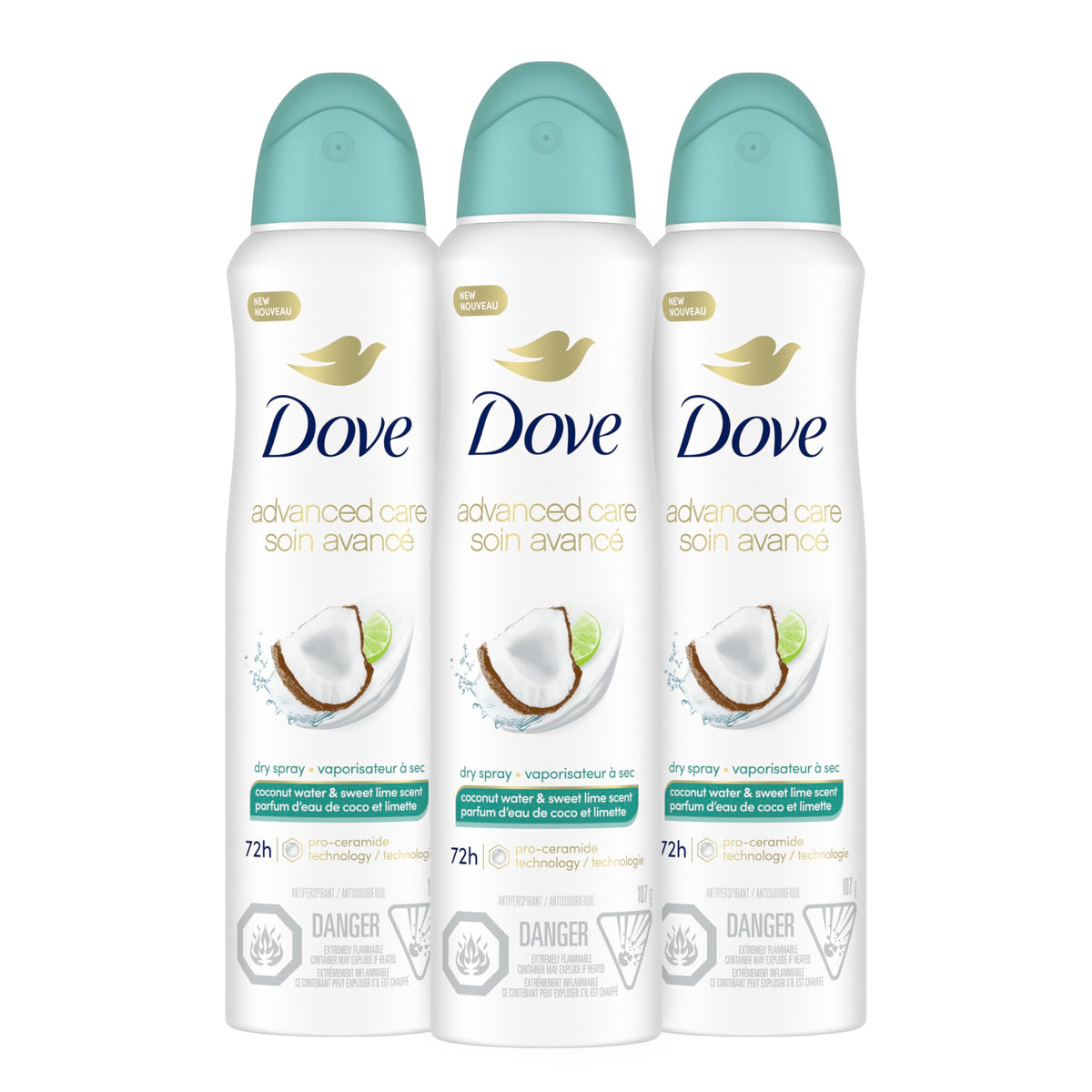 Dove Advanced Care Coconut Water & Lime dry spray bottle for soft underarms.