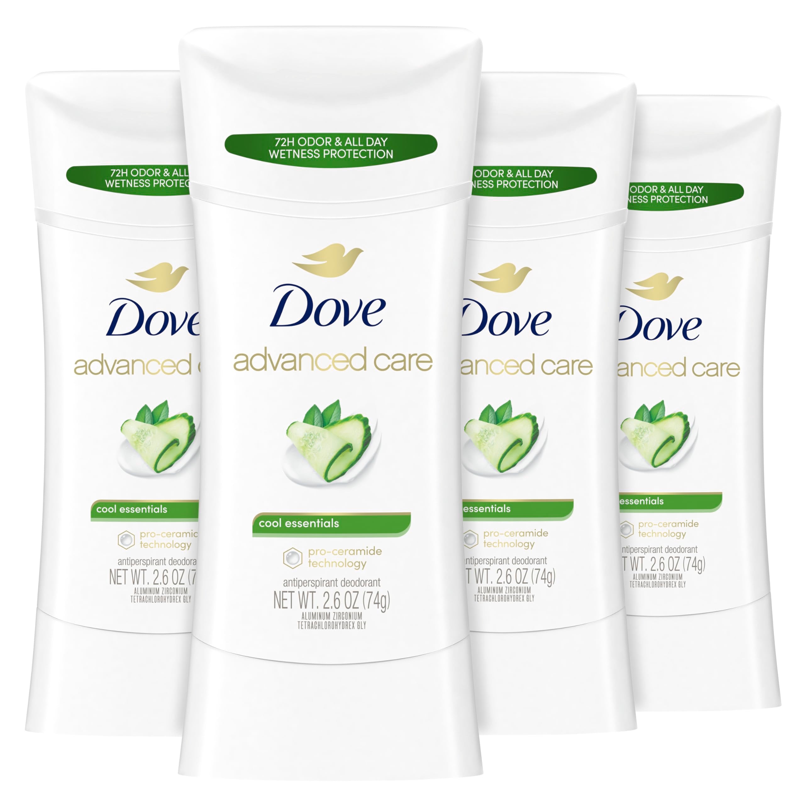 Dove Advanced Care Cool Essentials pack-shot showing the deodorant sticks for long-lasting protection.