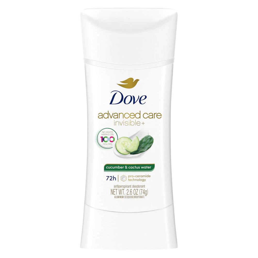 Dove Advanced Care Cucumber & Cactus Water stick applied for smooth, invisible protection.