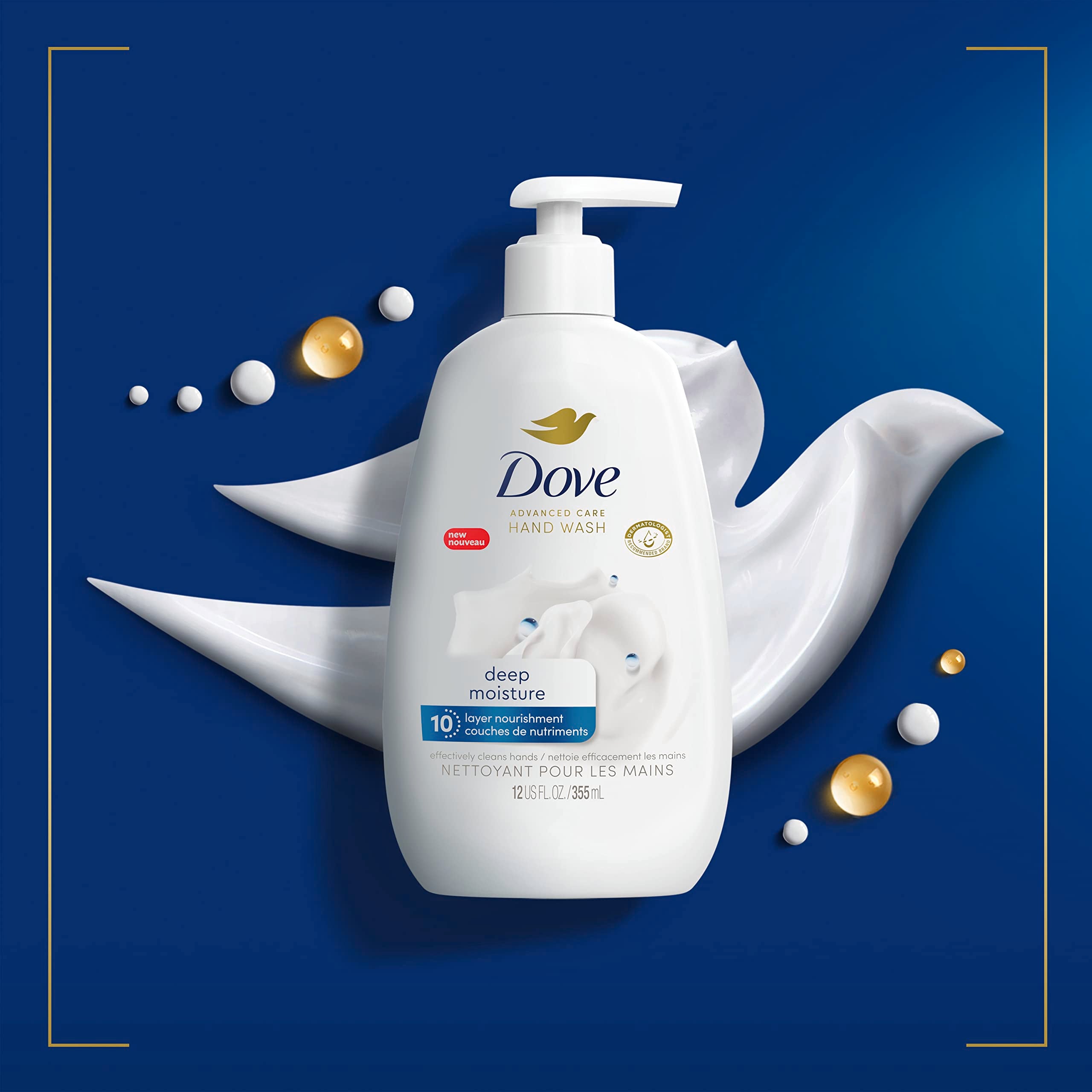 Dove Advanced Care Deep Moisture hand wash bottle removes dirt and germs gently.