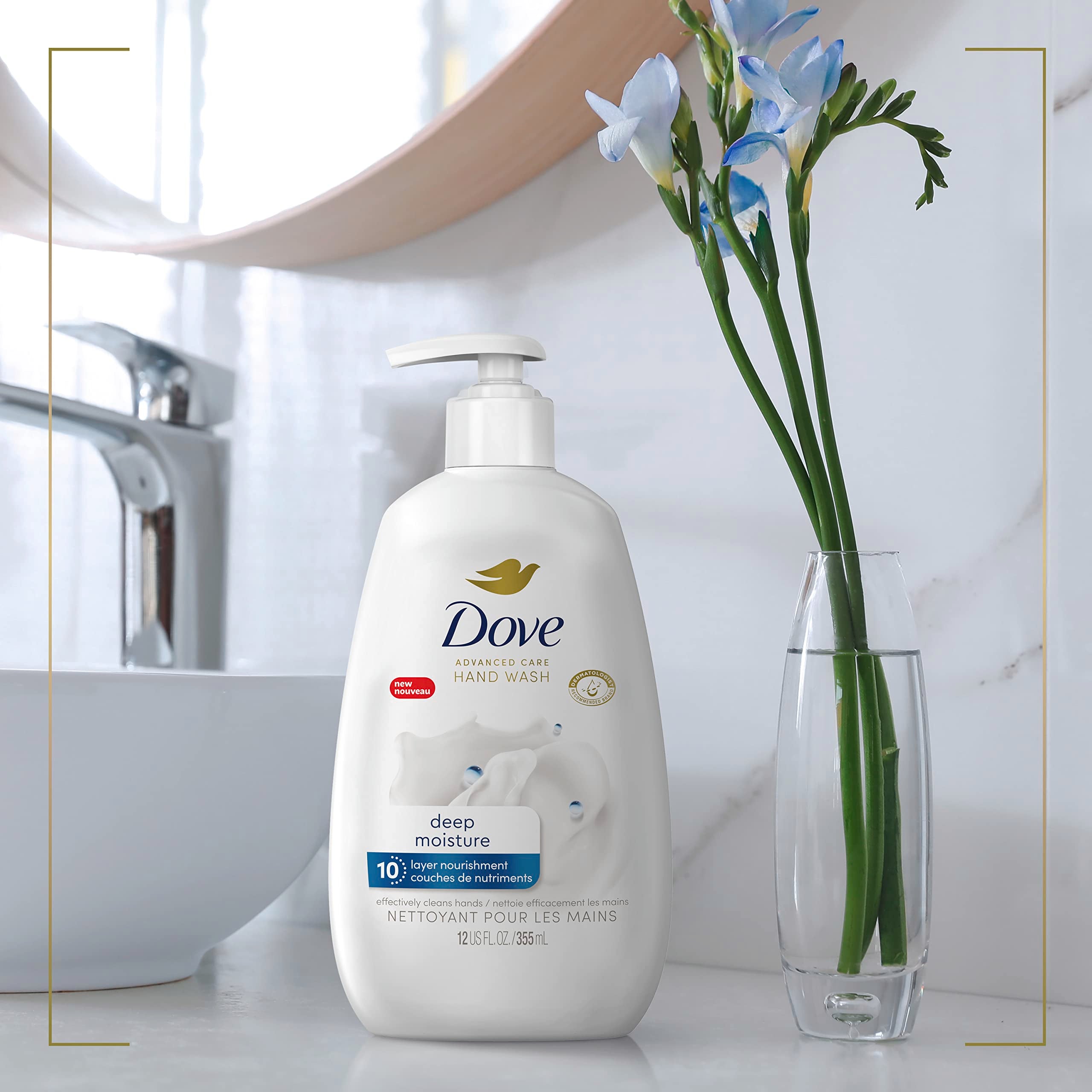 Dove Advanced Care Deep Moisture hand wash moisturizes skin after cleansing.