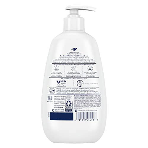 Dove Advanced Care Deep Moisture hand wash pump dispenses creamy lather, soft hands.