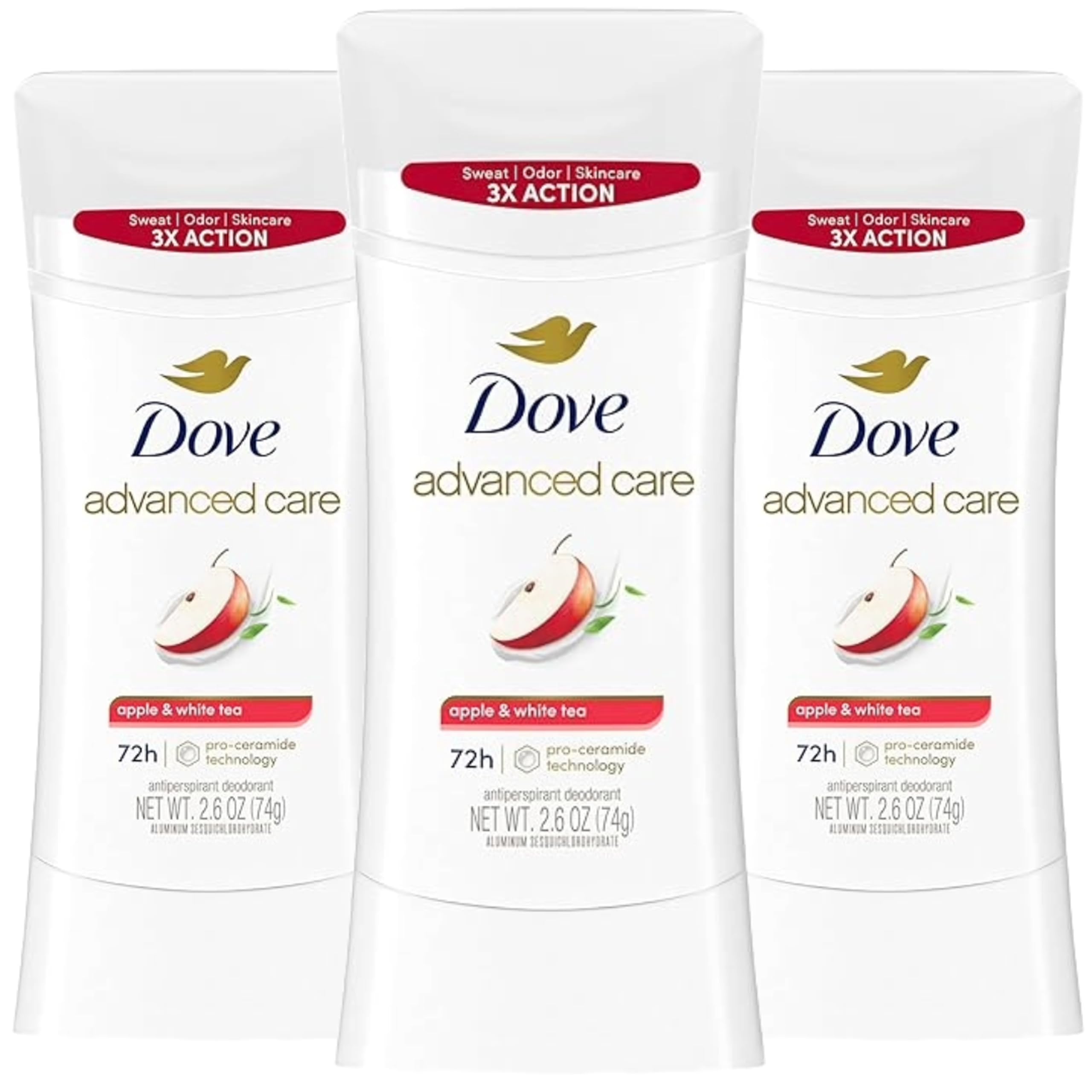 Dove Advanced Care deodorant stick Apple and White Tea offers up to 72 hours of protection.