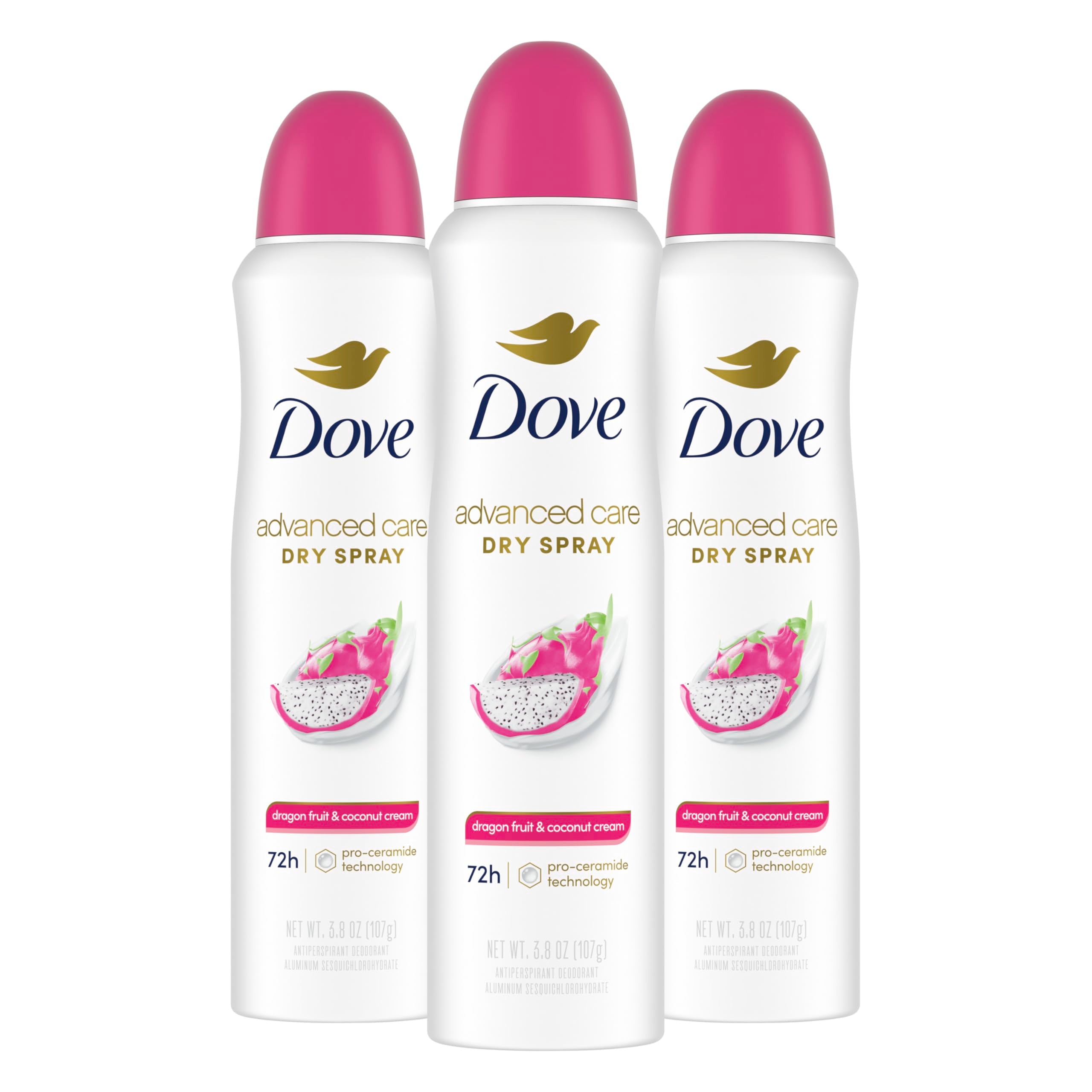 Dove Advanced Care Dragon Fruit & Coconut Cream dry spray bottle ready for soft underarms.