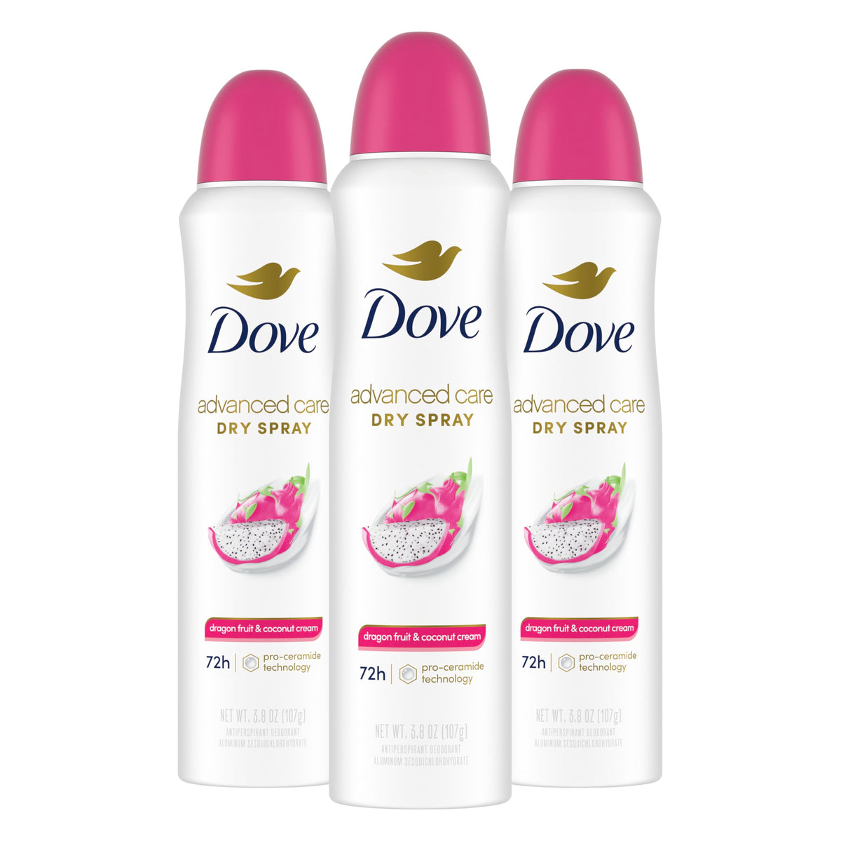 Dove Advanced Care Dragon Fruit & Coconut Cream dry spray bottle ready for soft underarms.