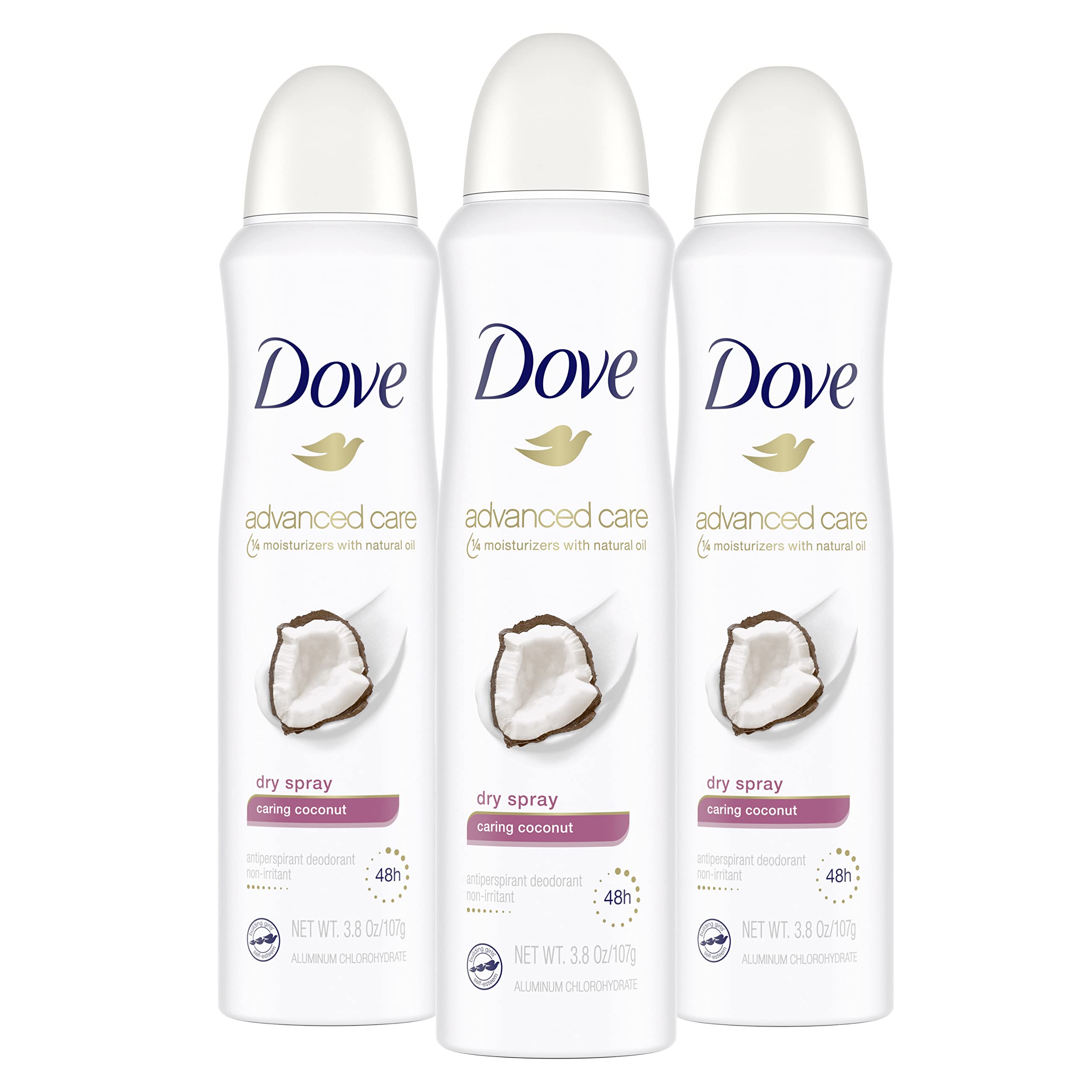Dove Advanced Care Caring Coconut dry spray front packaging showing product name