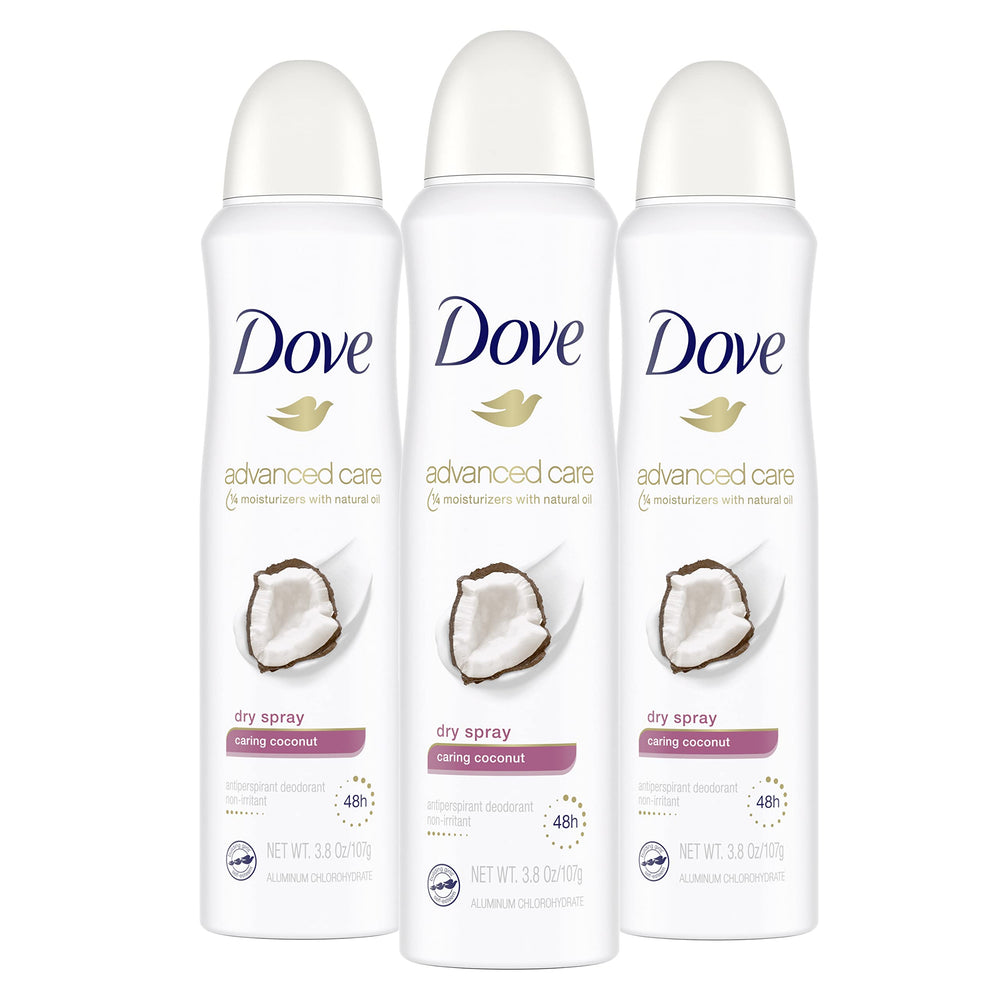 Dove Advanced Care Caring Coconut dry spray front packaging showing product name