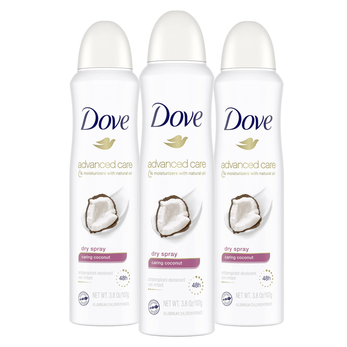 Dove Advanced Care Caring Coconut dry spray front packaging showing product name