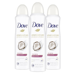 Dove Advanced Care Caring Coconut dry spray front packaging showing product name