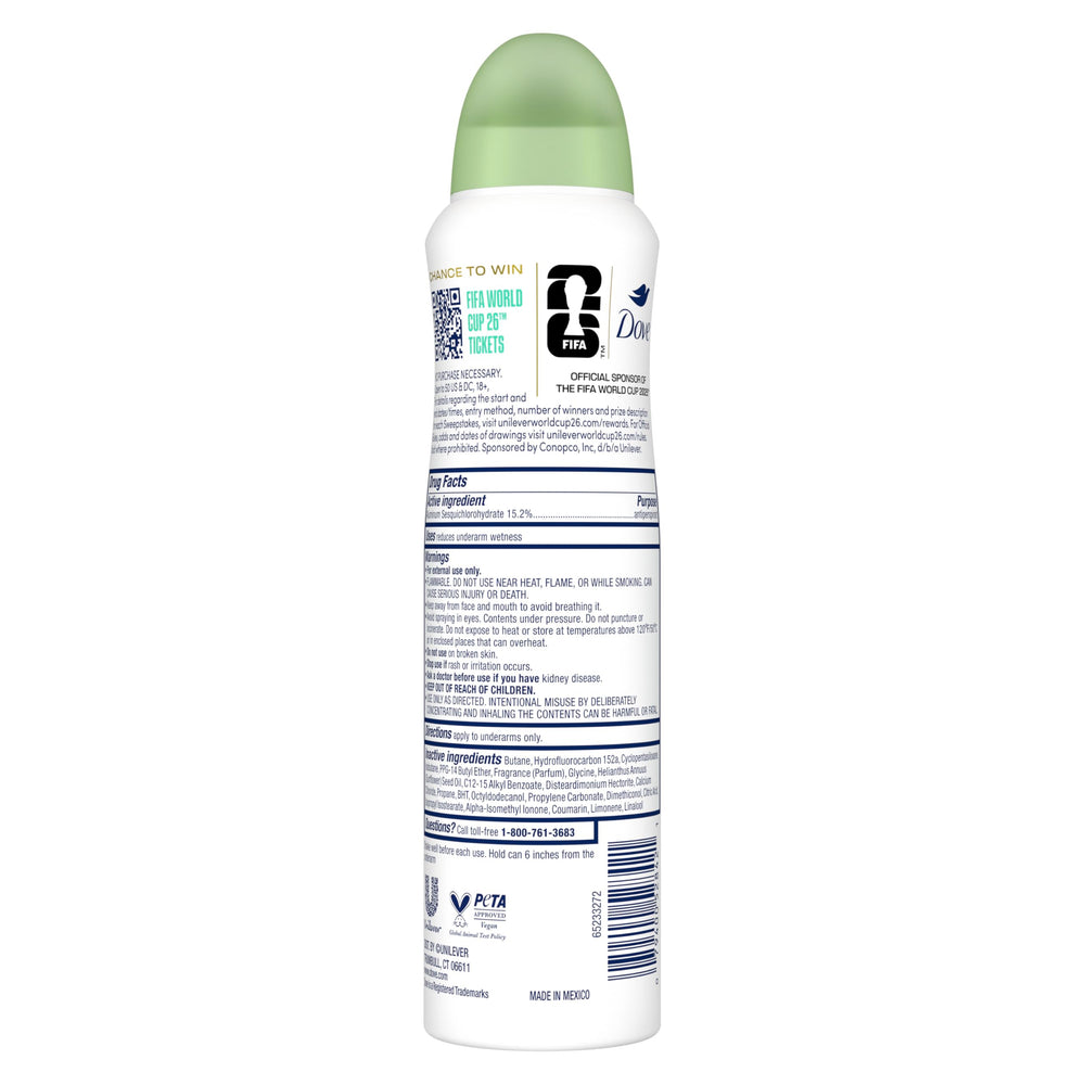 Close-up of Dove Advanced Care Dry Spray underarm application for quick-dry comfort.