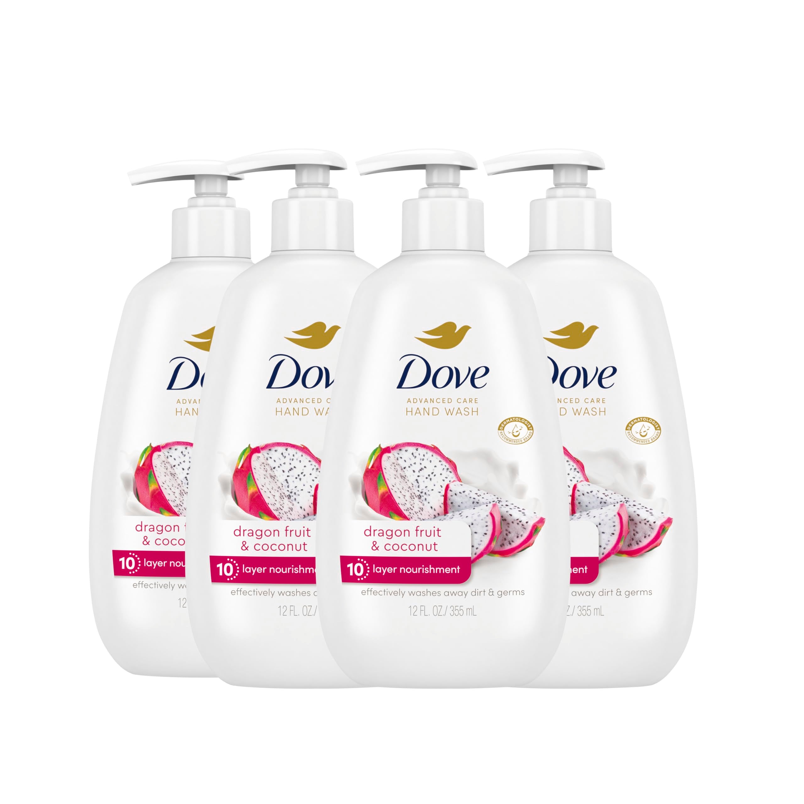 Dove Advanced Care Hand Wash bottle with dragon fruit and coconut scent for soft hands.