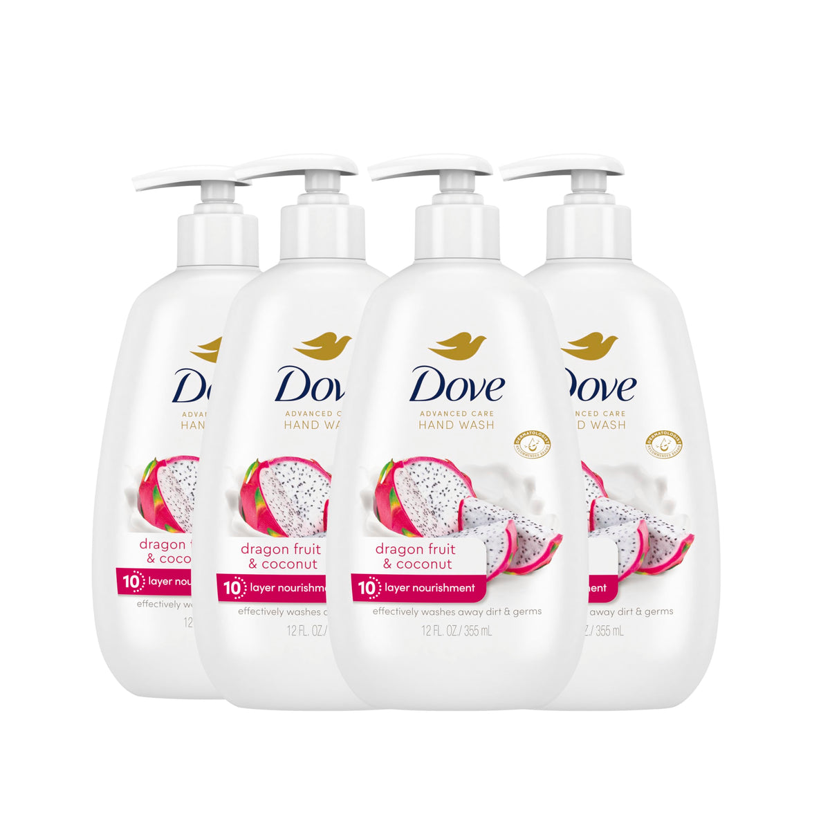 Dove Advanced Care Hand Wash bottle with dragon fruit and coconut scent for soft hands.