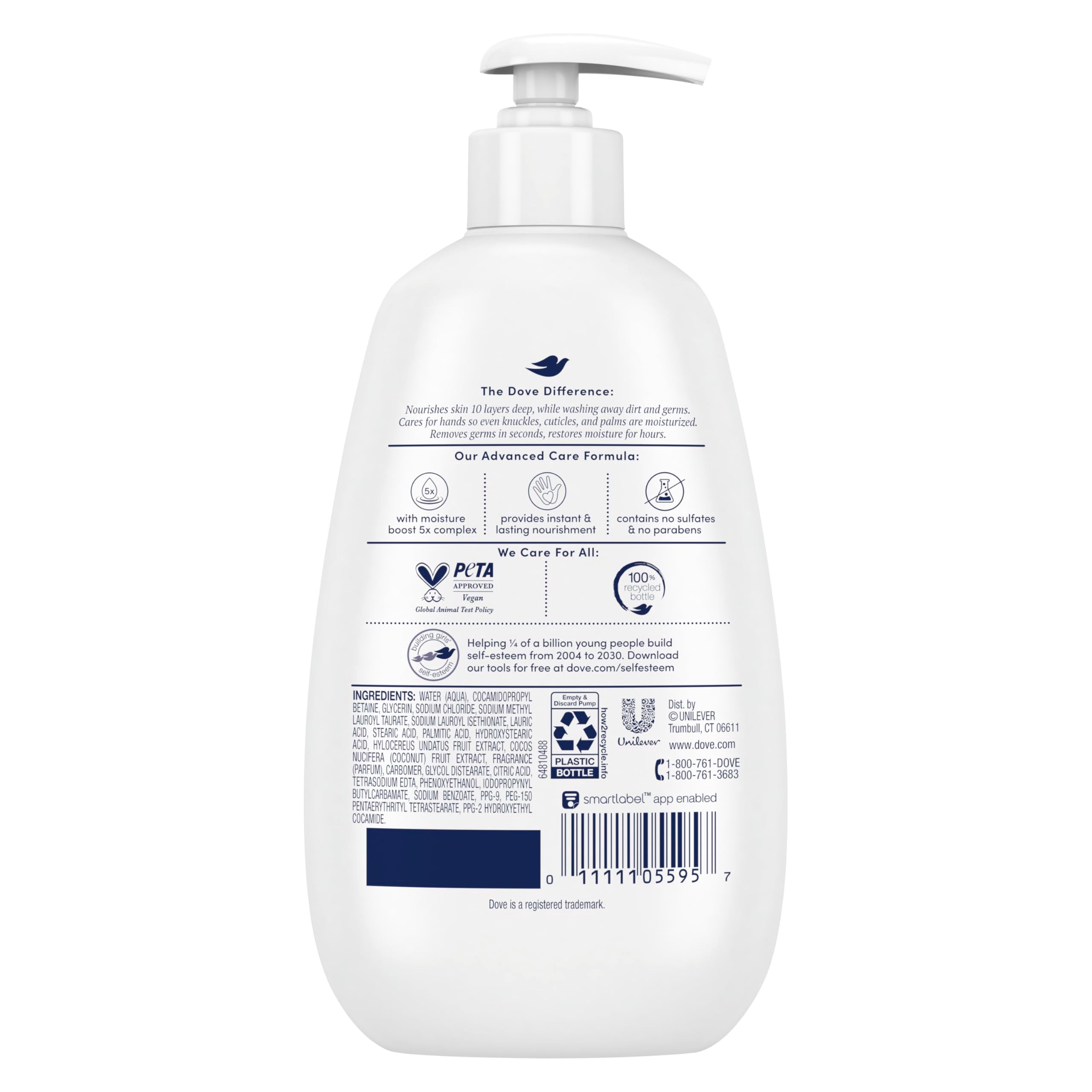 Dove Advanced Care hand wash pump dispenses a creamy lather for quick cleanse.