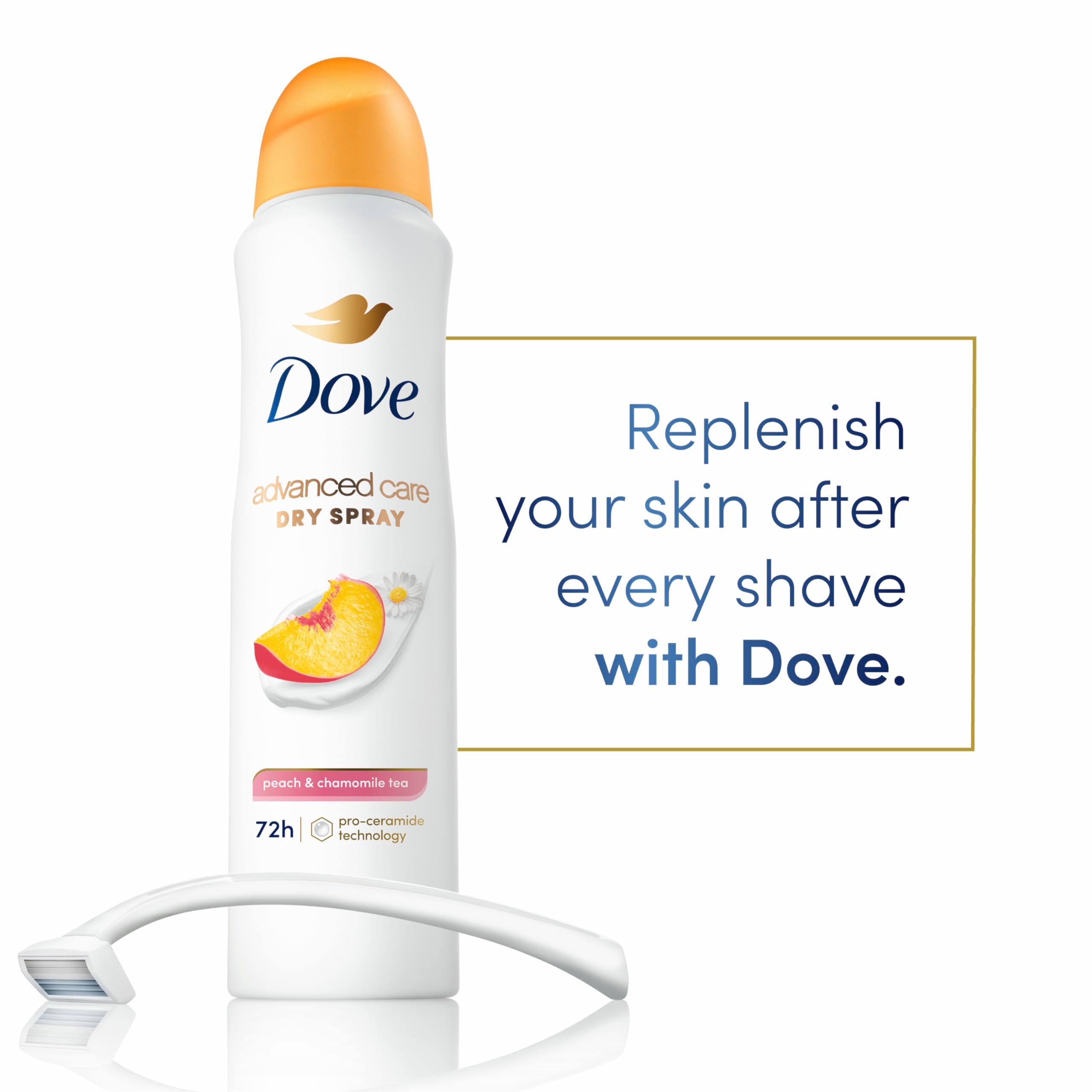 Dove Advanced Care Peach & Chamomile Tea close-up of peach chamomile fragrance on the bottle.
