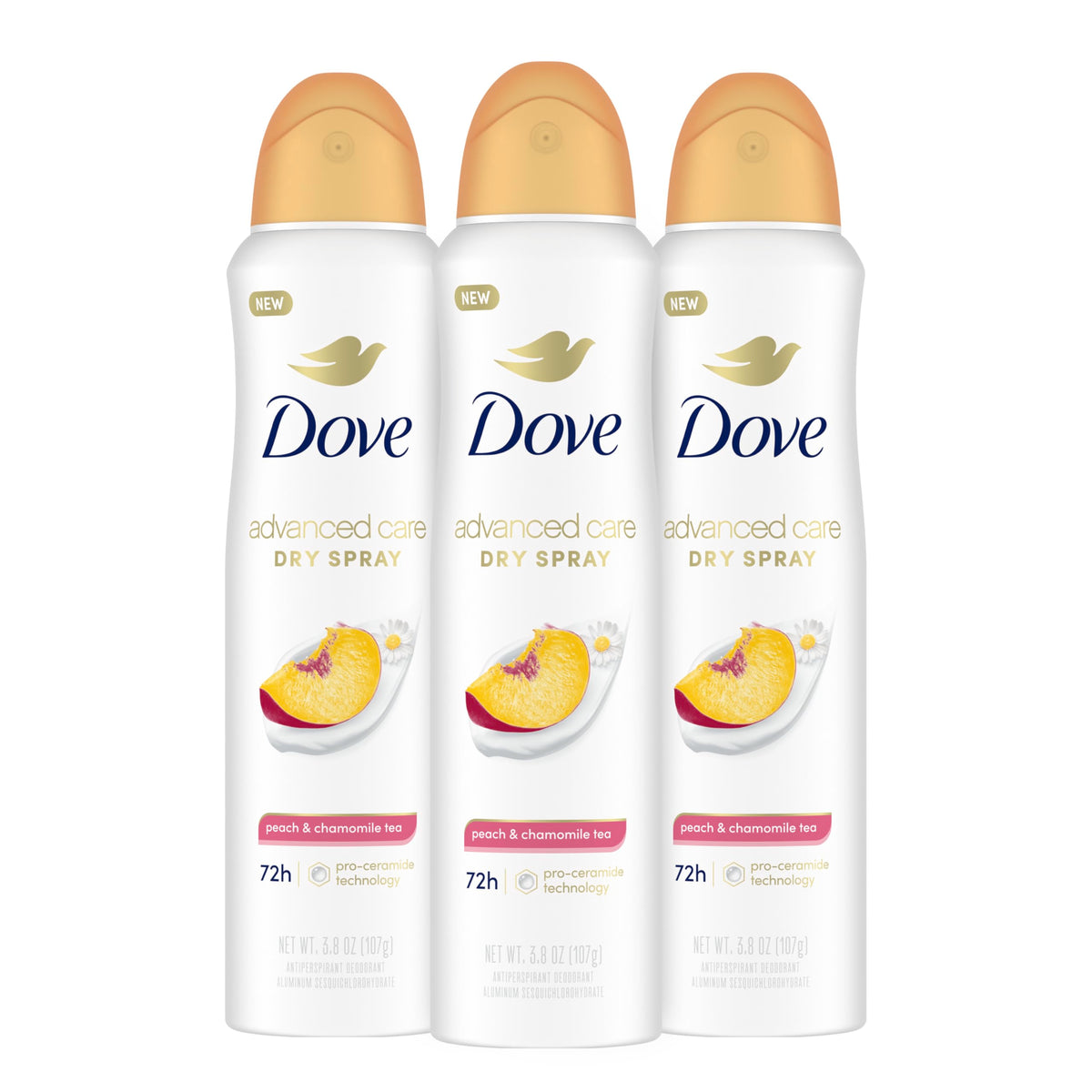 Dove Advanced Care Peach & Chamomile Tea pack shot showing a 3-pack for consistent protection.