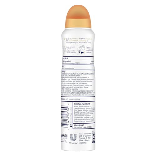 Dove Advanced Care Peach & Chamomile Tea spray bottle dispensing quickly dries on skin.