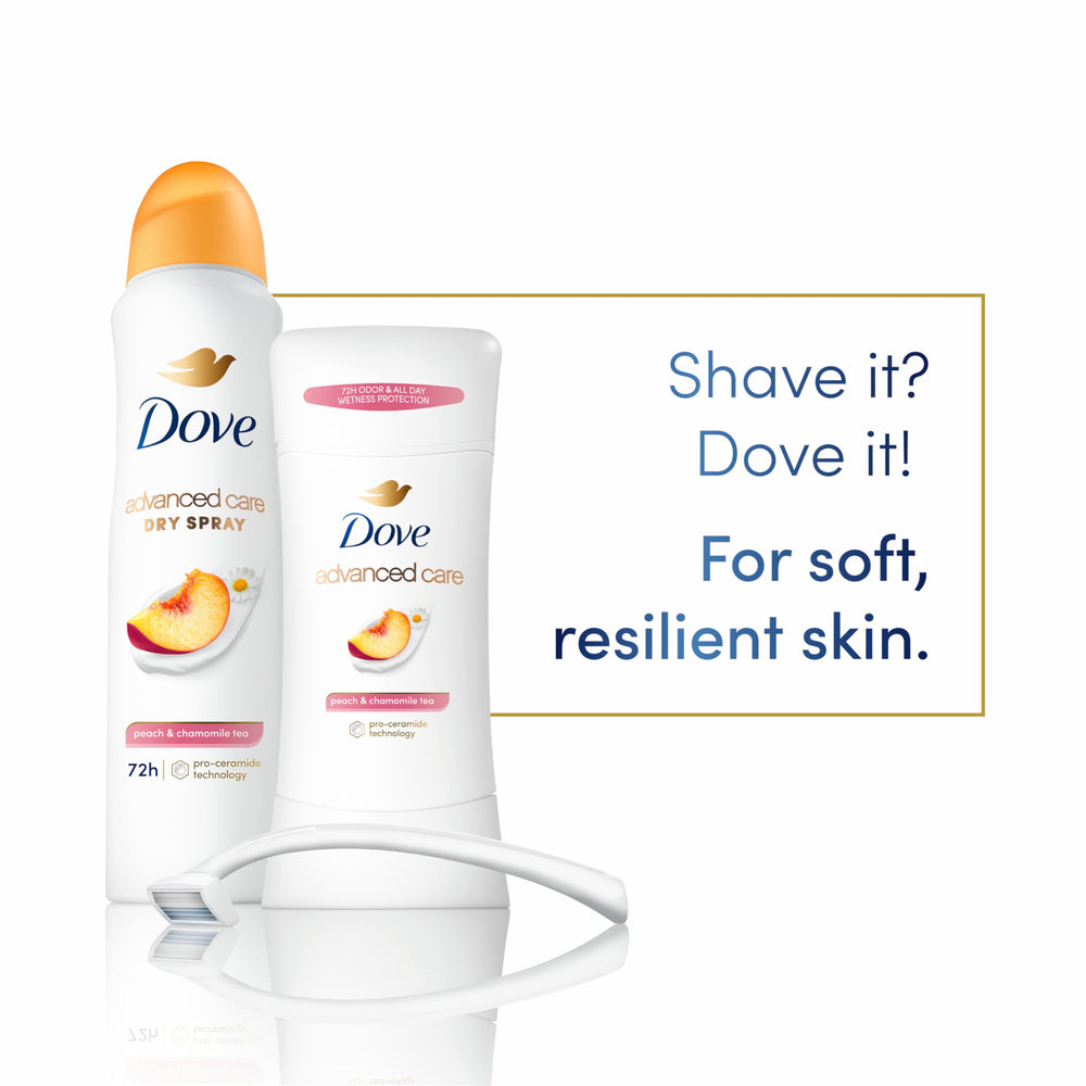 Dove Advanced Care Peach & Chamomile Tea underarm application after shaving for barrier care.