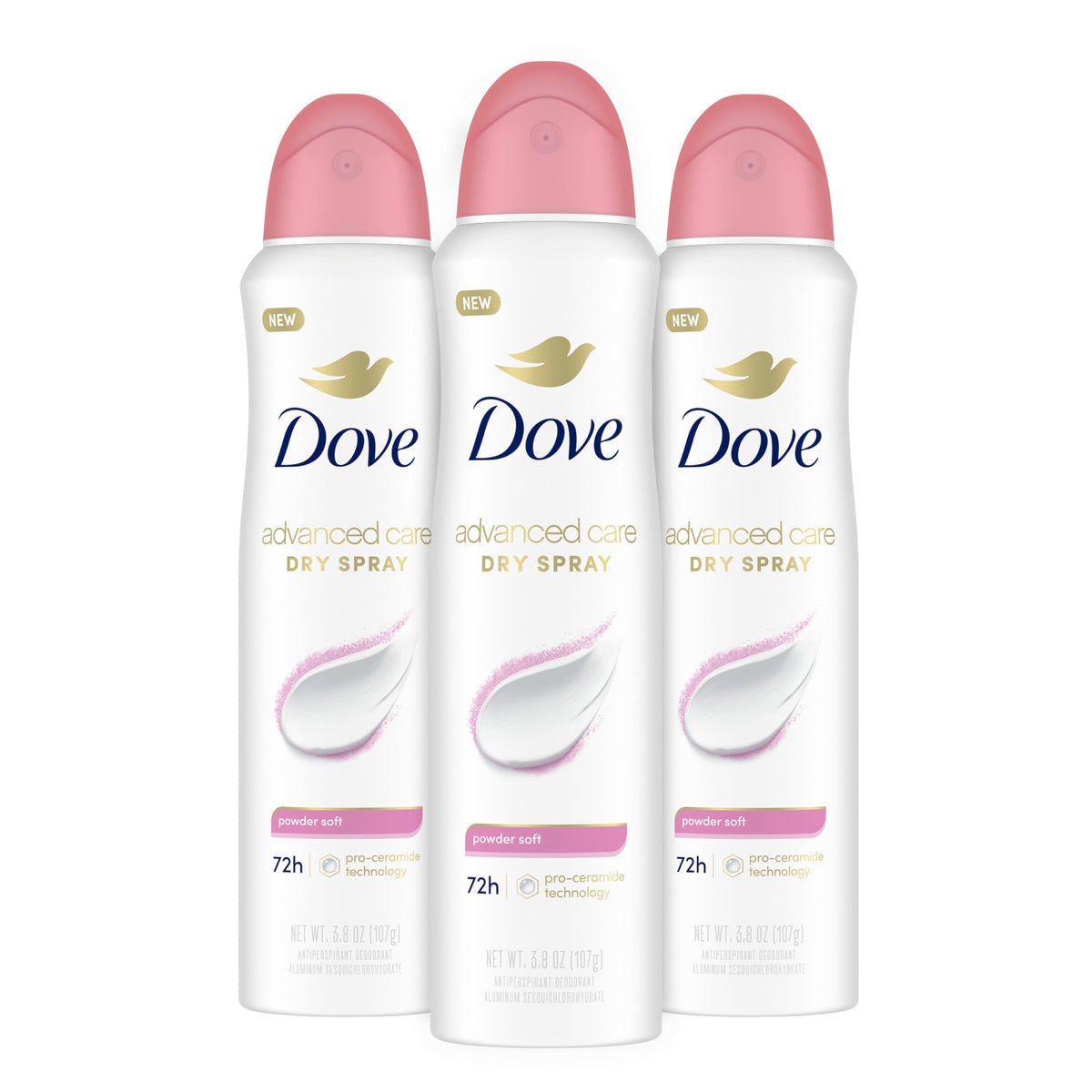 Dove Advanced Care Powder Soft spray bottle showcases soft underarm protection and comfort.