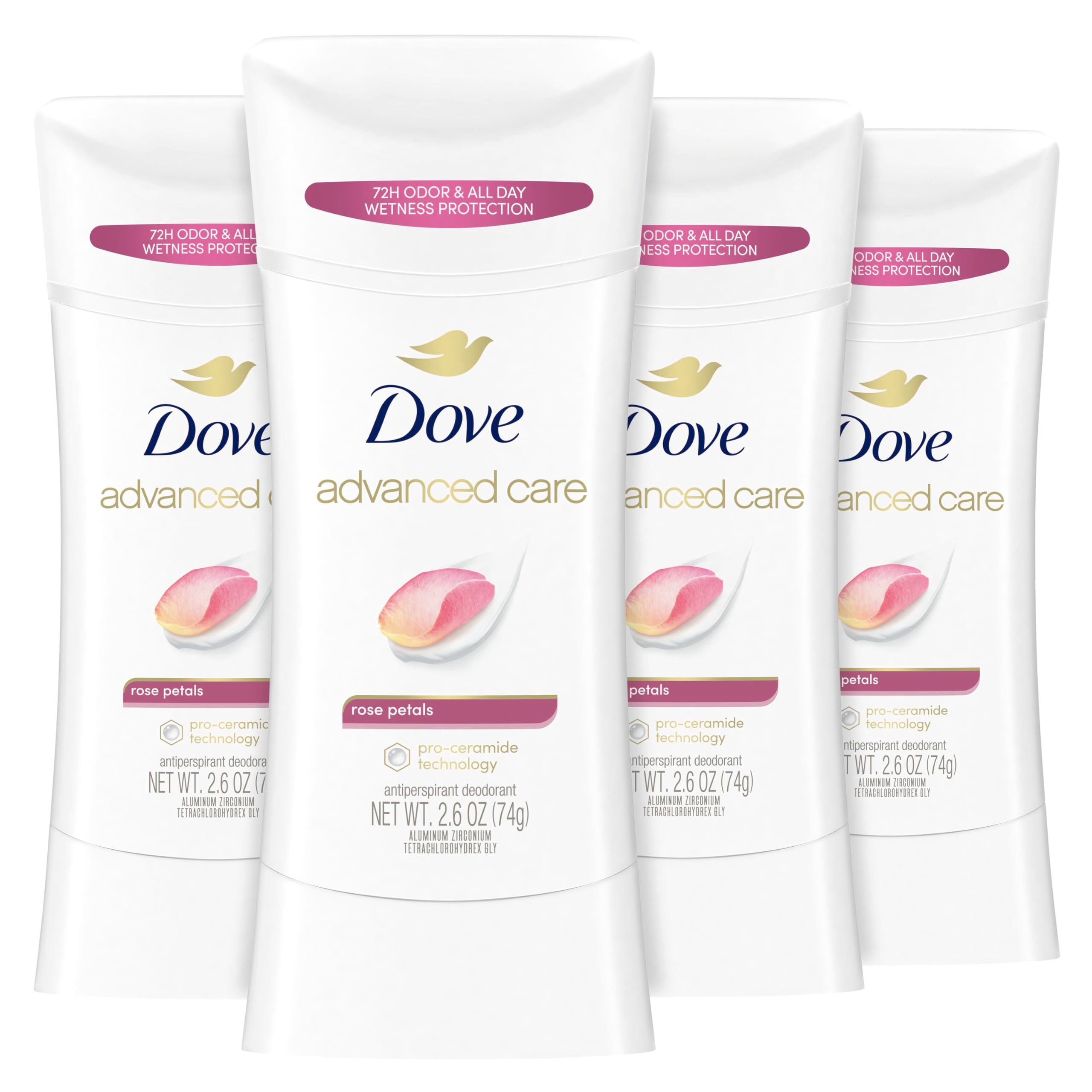 Dove Advanced Care Rose Petals stick in use for smooth, soft underarms with all-day protection.