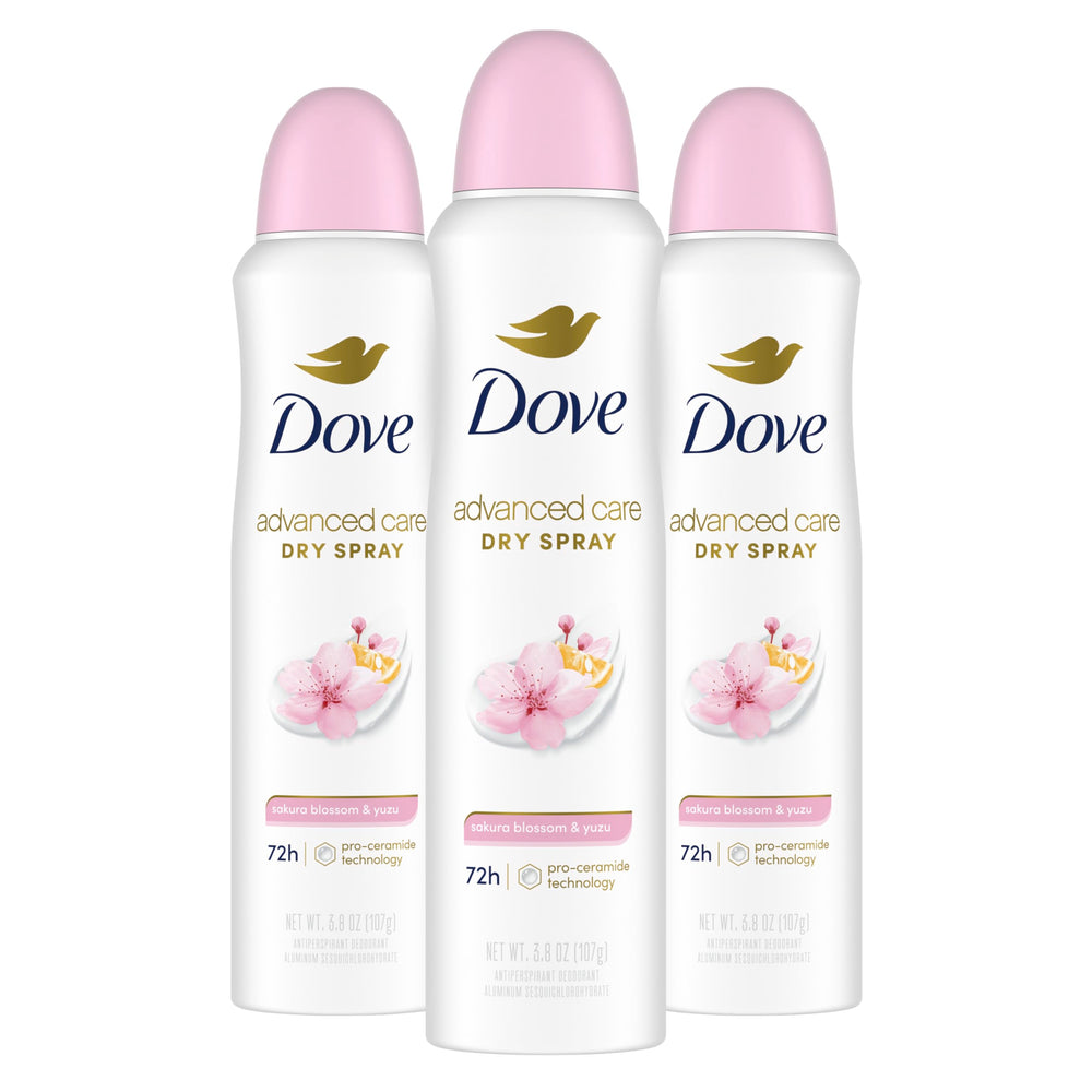 Dove Advanced Care Sakura Blossom & Yuzu dry spray mist for quick, long-lasting freshness.