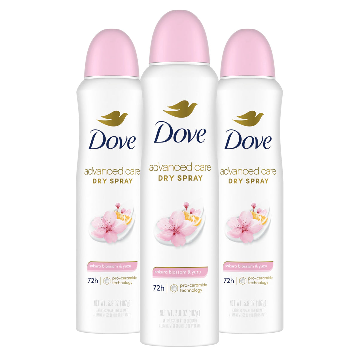 Dove Advanced Care Sakura Blossom & Yuzu dry spray mist for quick, long-lasting freshness.