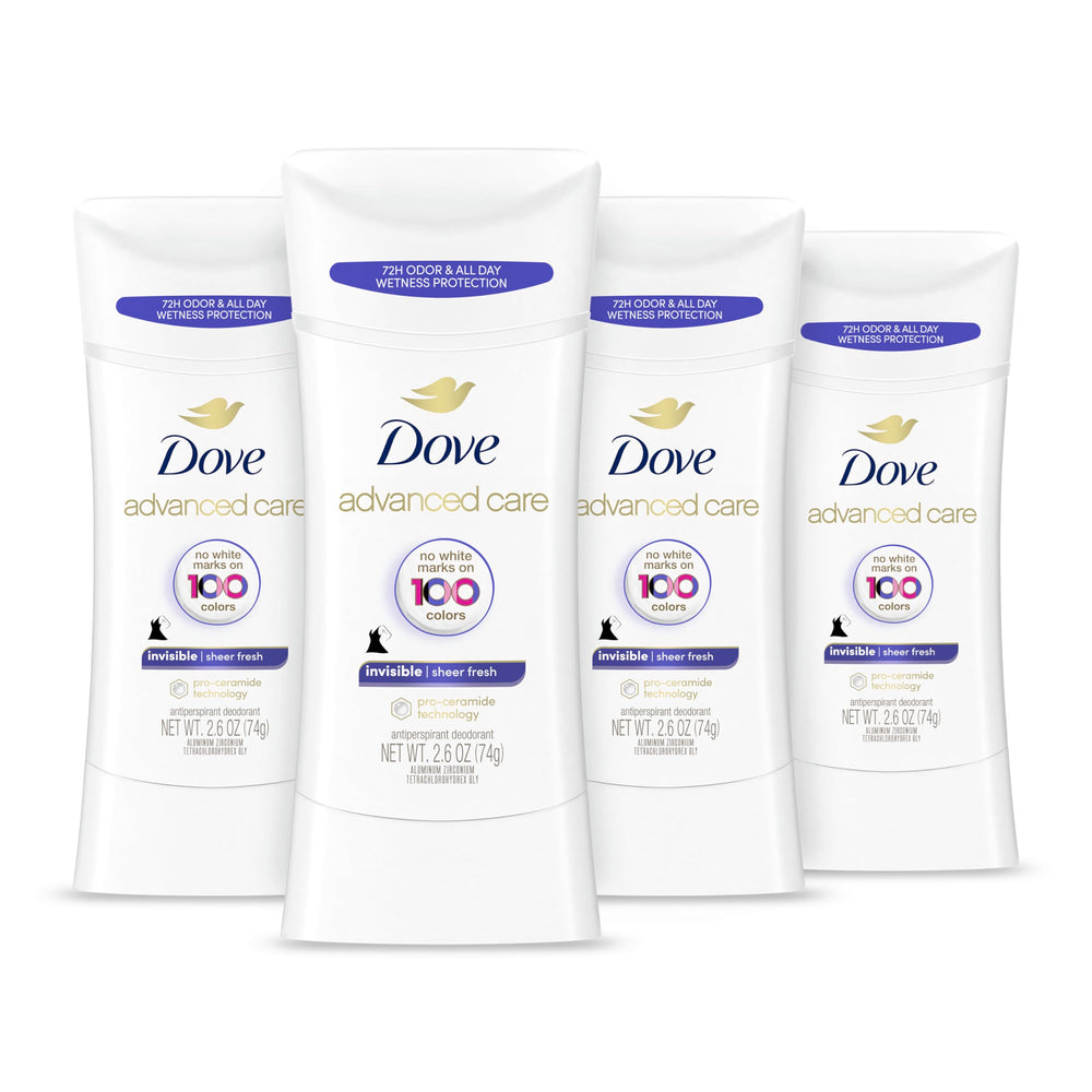 Dove Advanced Care Sheer Fresh stick packaging highlights anti-stain formula.